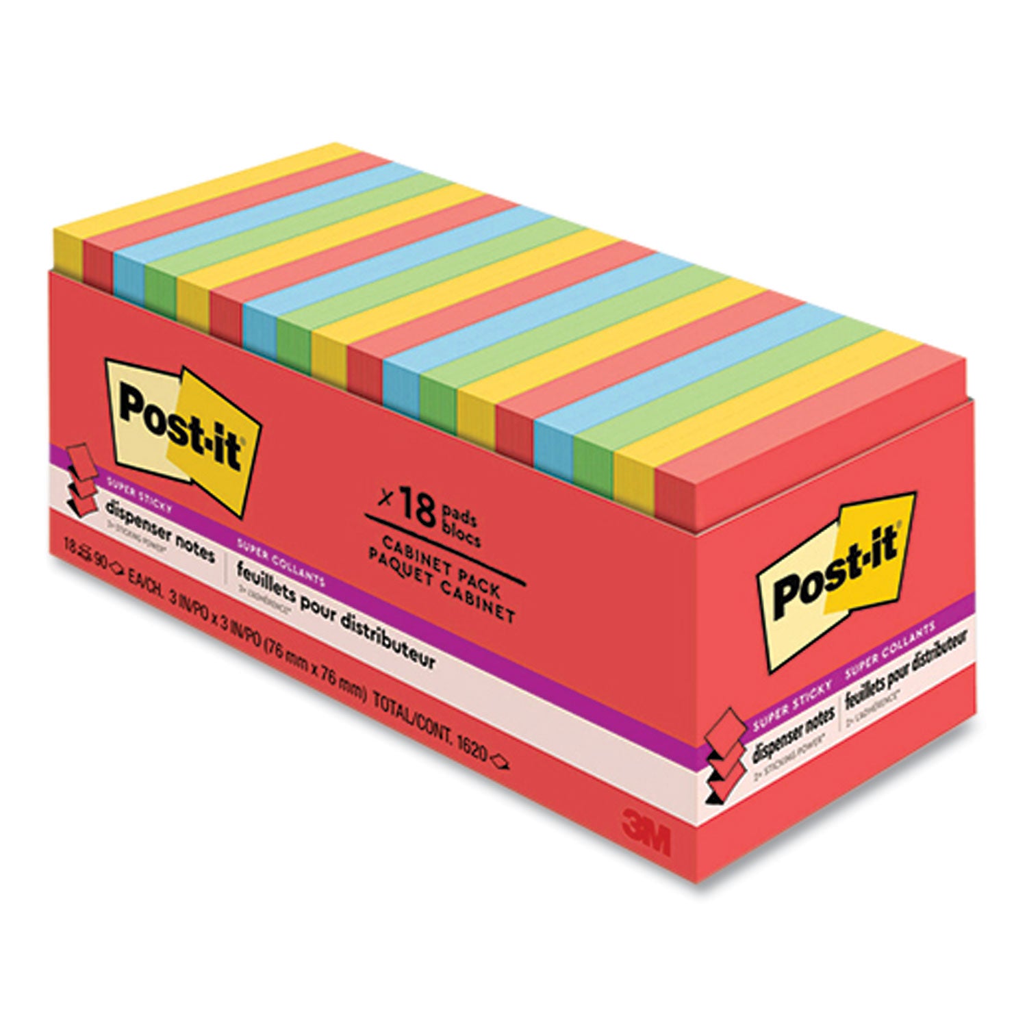 Post-it&reg; Super Sticky Dispenser Notes - Playful Primaries Color Collection - 3" Flag/Note Width x 3" Flag/Note Length - Square - Candy Apple Red, Blue Paradise, Sunnyside, Lucky Green - Paper - Pop-up, Recyclable - 1 Pack
