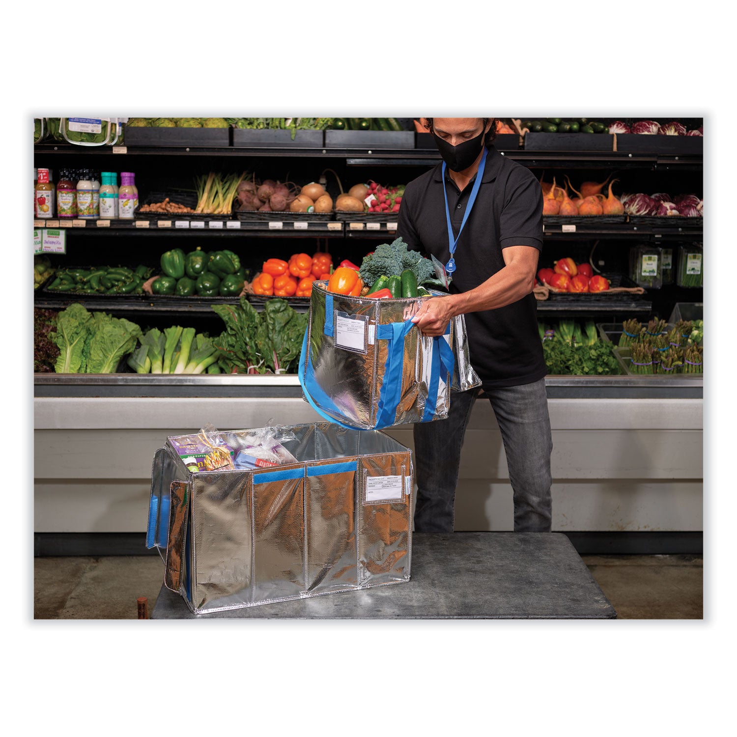 Fresh Eco Freeze Tote, (2) Blue Nylon Shoulder Straps, (2) Blue Nylon Strap Handles, 13.5" x 9" x 13", Silver/Blue, 4/Carton