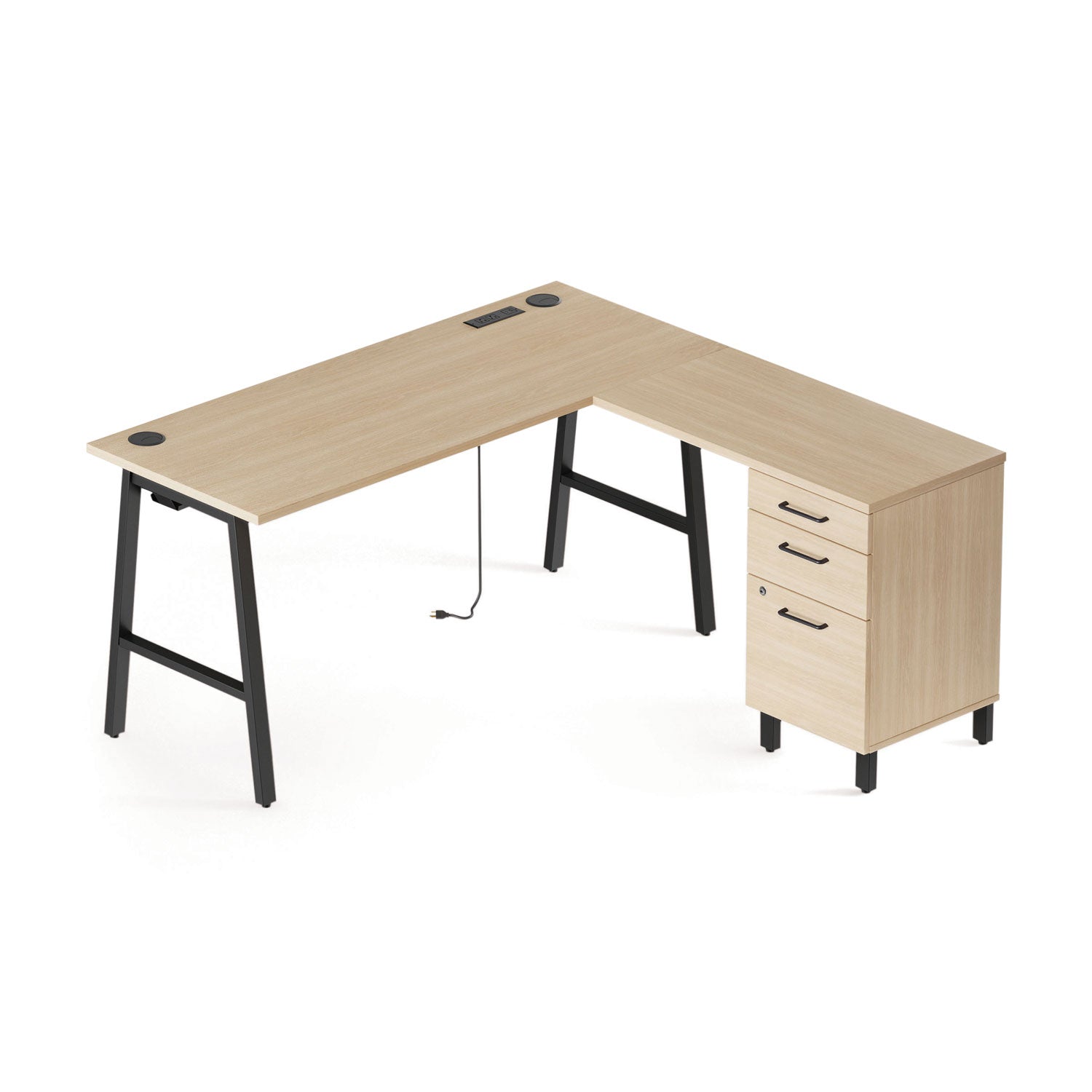 Essentials Single-Pedestal L-Shaped Desk With Integrated Power Management, 59.8" X 59.8 X 29.7", Natural Wood/Black