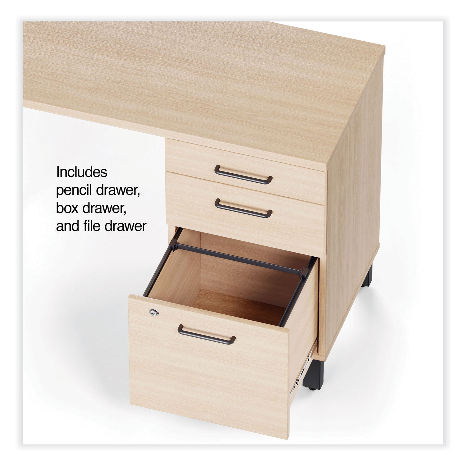 Essentials Single-Pedestal L-Shaped Desk With Integrated Power Management, 59.8" X 59.8 X 29.7", Natural Wood/Black