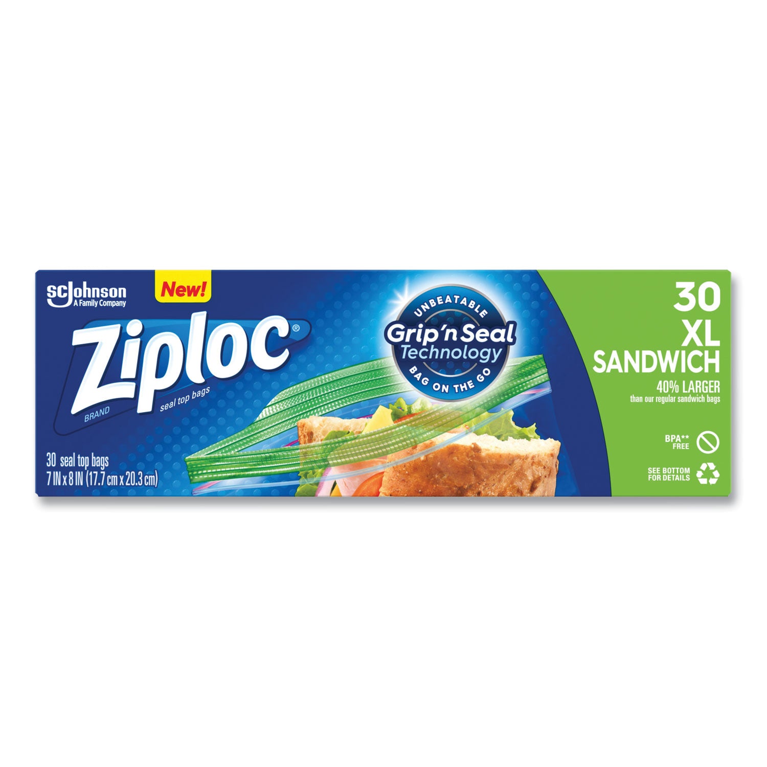 Sandwich Seal Top Bags, XL Sandwich, 8" x 7", Clear, 30/Box