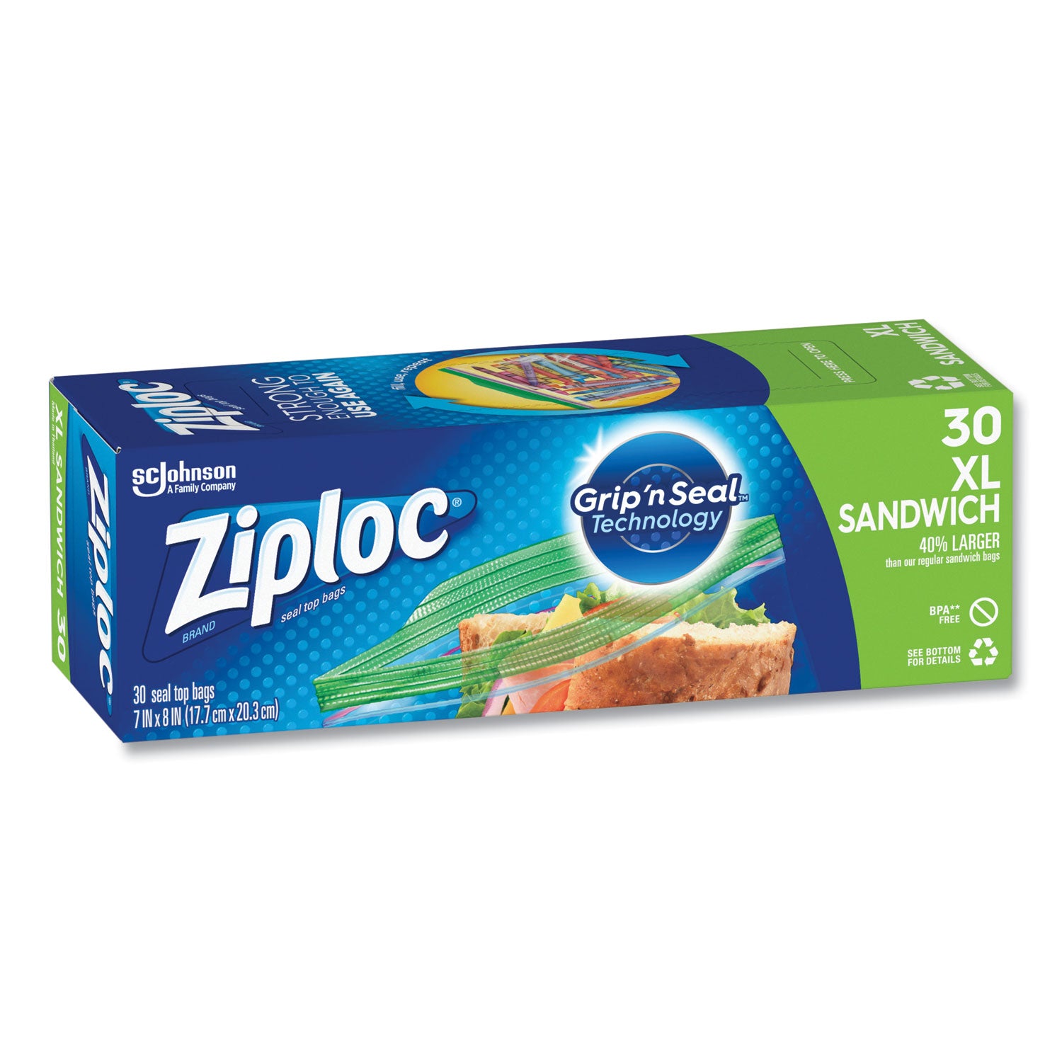 Sandwich Seal Top Bags, XL Sandwich, 8" x 7", Clear, 30/Box
