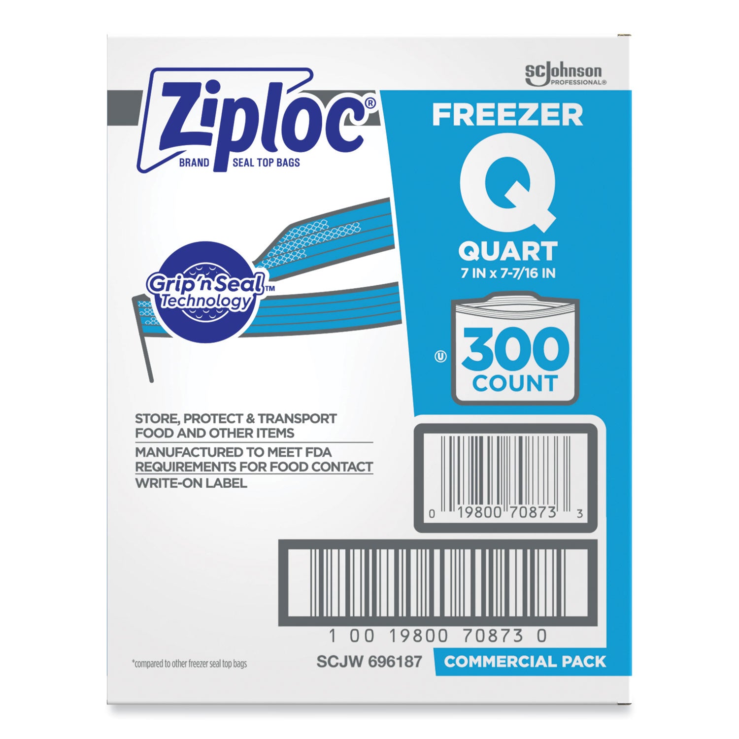 Ziploc&reg; Grip n' Seal Freezer Bags - Medium Size - 7.43" - Blue - Plastic - Food, Healthcare, Office, Commercial, Storage - 300/Box - 1 Carton