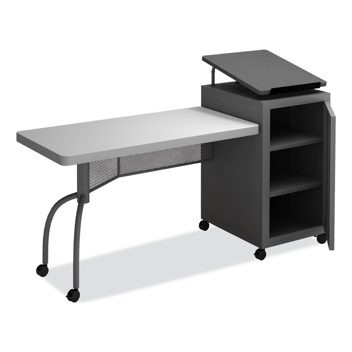 Oklahoma Sound® Edupod Teacher's Desk & Lectern Combo, Surface Color: Grey Hammertone, Frame Color: Grey