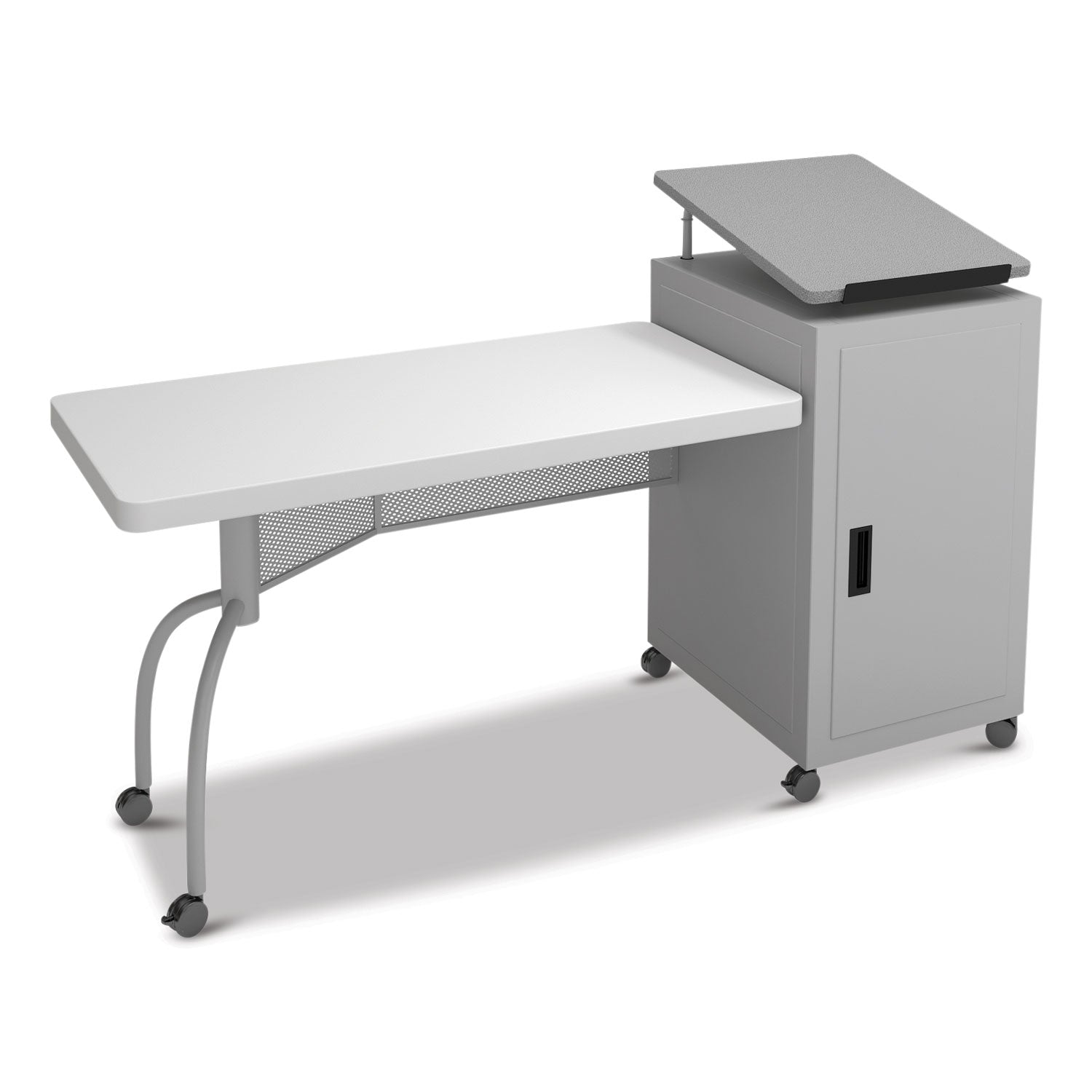 Oklahoma Sound® Edupod Teacher's Desk & Lectern Combo, Surface Color: Grey Hammertone, Frame Color: Grey