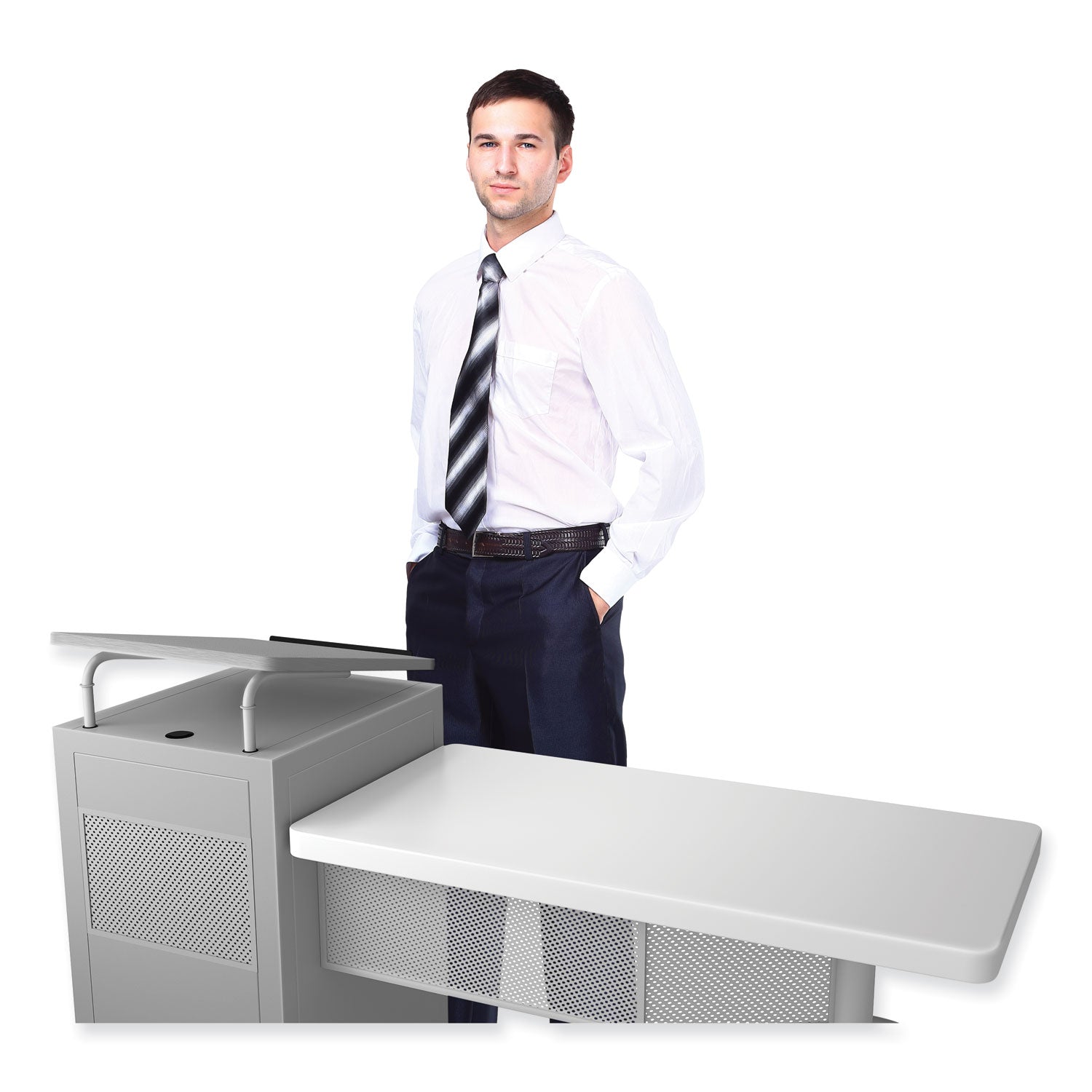Oklahoma Sound® Edupod Teacher's Desk & Lectern Combo, Surface Color: Grey Hammertone, Frame Color: Grey