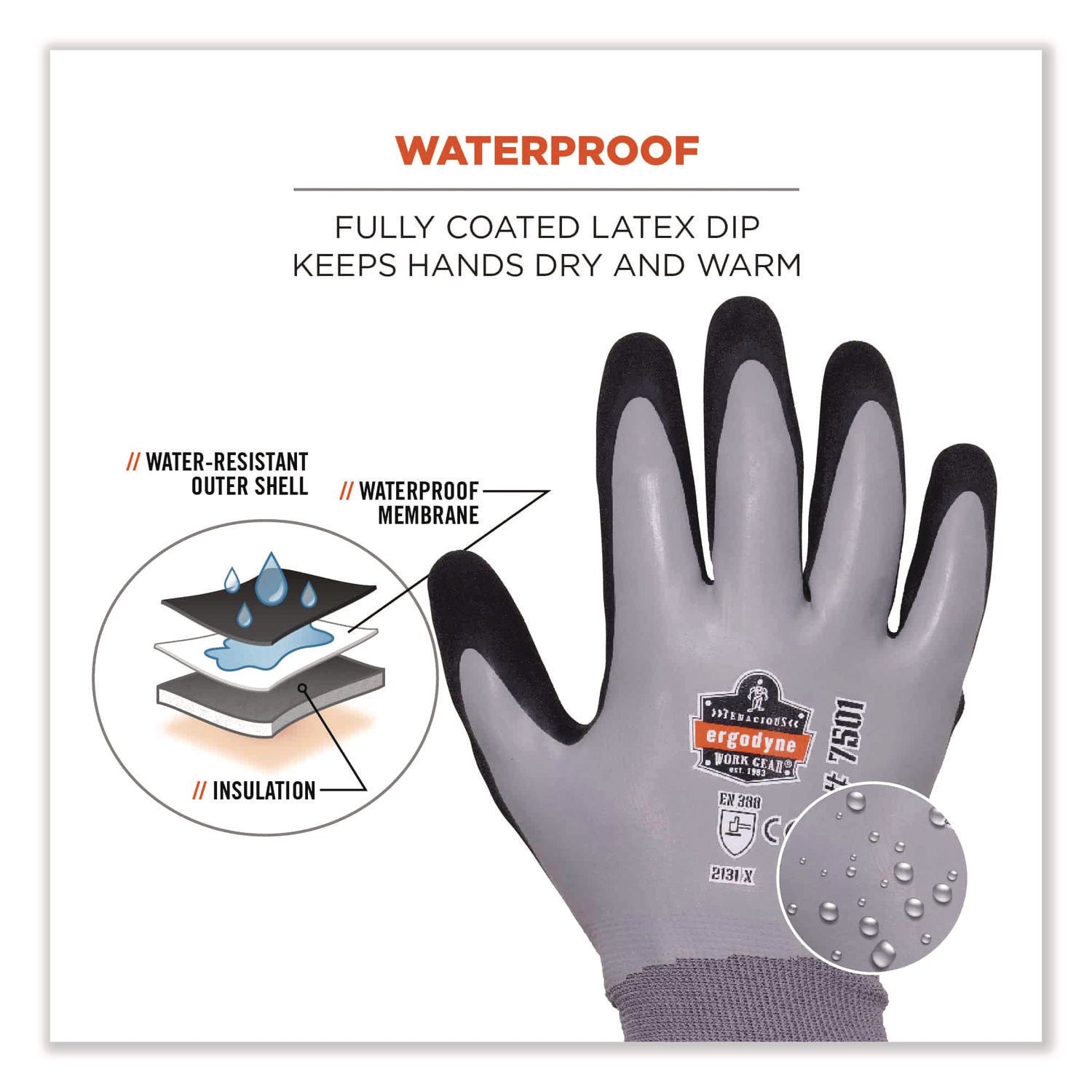Ergodyne ProFlex 7501 Coated Waterproof Winter Work Gloves, XXL, Gray, Nitrile & Latex Coating, 2/Pair, 12 Pairs per Carton, 2" Thickness, 11" Length, Thermal, Cut & Abrasion Resistant, Machine Washable