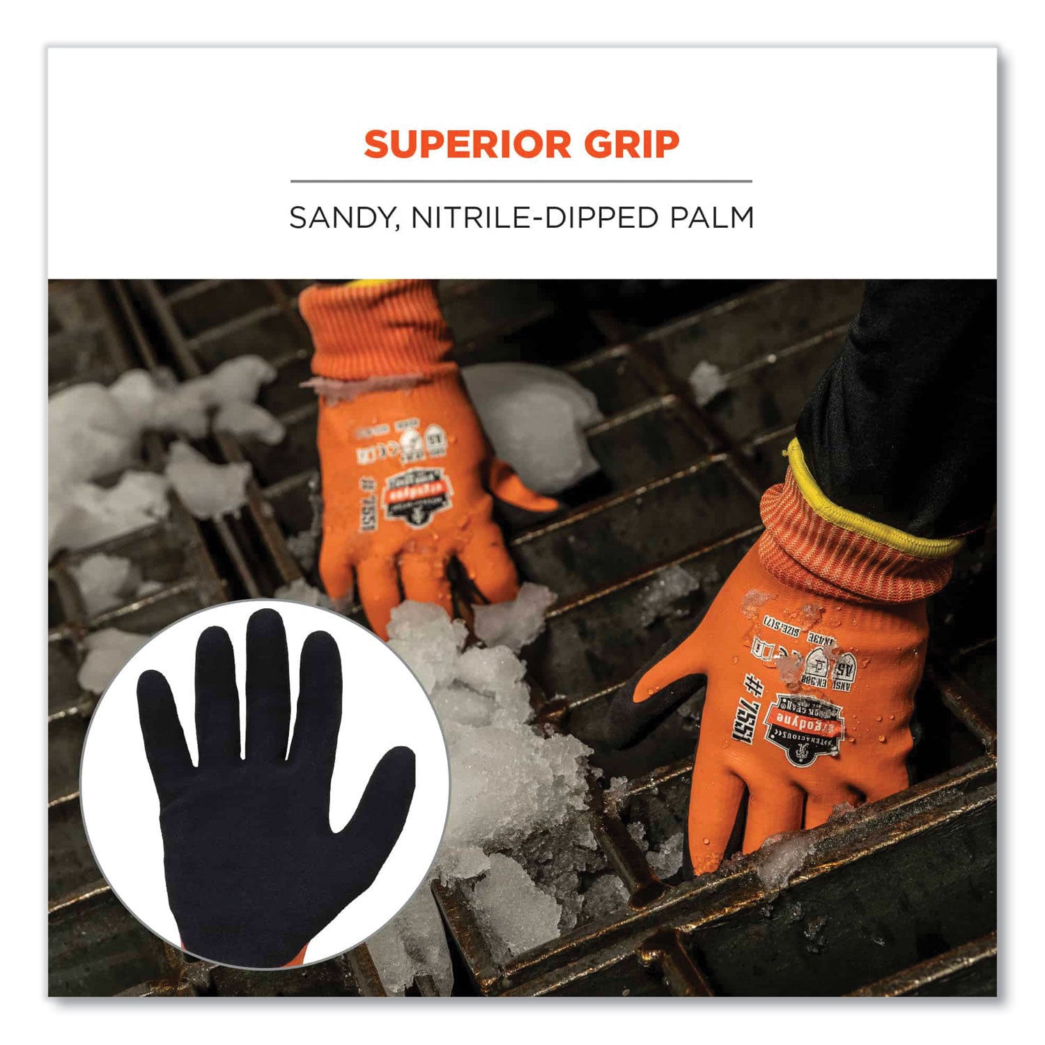Ergodyne ProFlex 7551 A5 Coated Waterproof Gloves, Small, Orange, Nitrile & Latex Coating, 1.75" Thick, 10" Length, 2 Pairs per Pack, 12 Packs per Carton