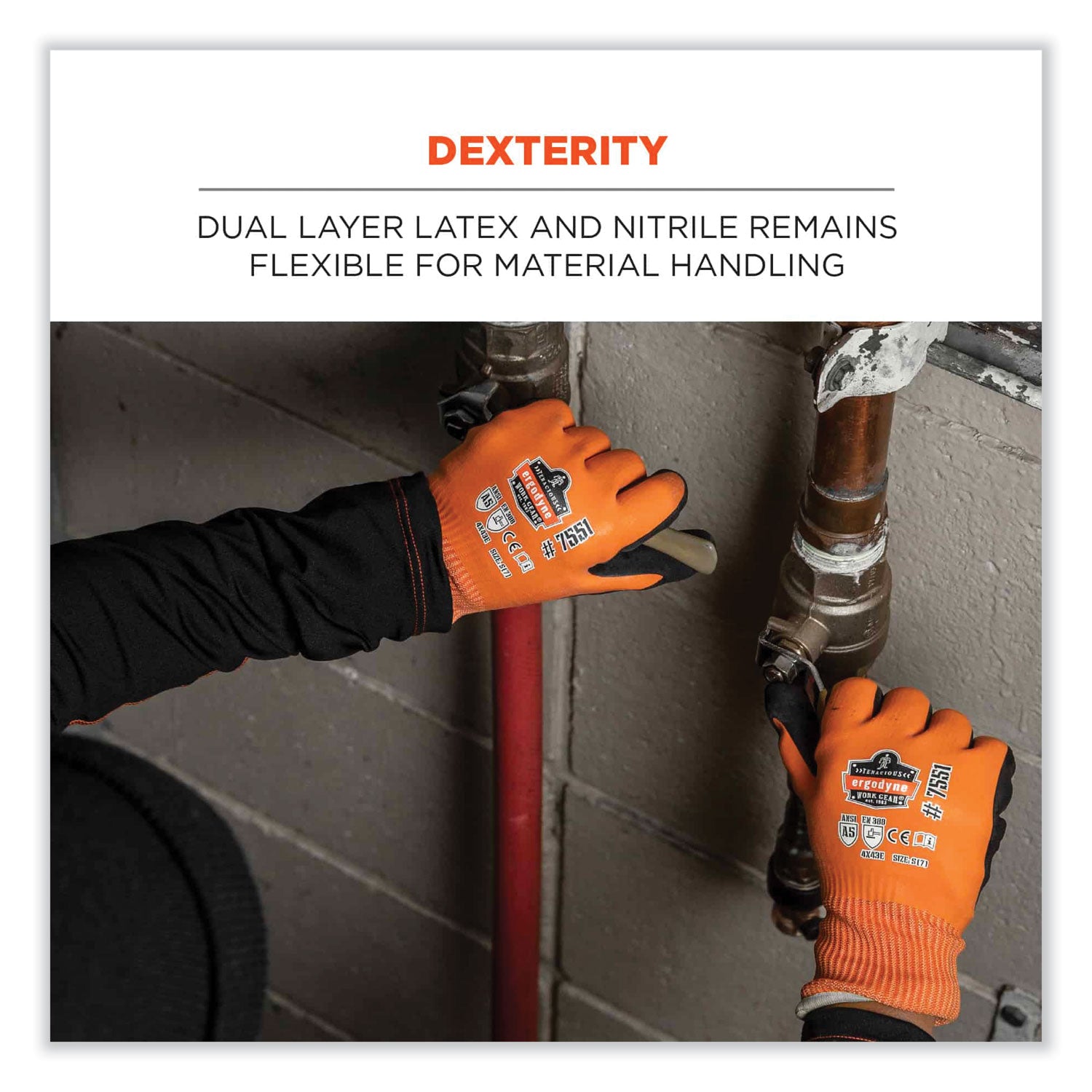 Ergodyne ProFlex 7551 A5 Coated Waterproof Gloves, Extra Large, Orange, Nitrile & Latex Coating, 2" Thick, 11" Length, 2/Pair, 144 Pairs per Carton