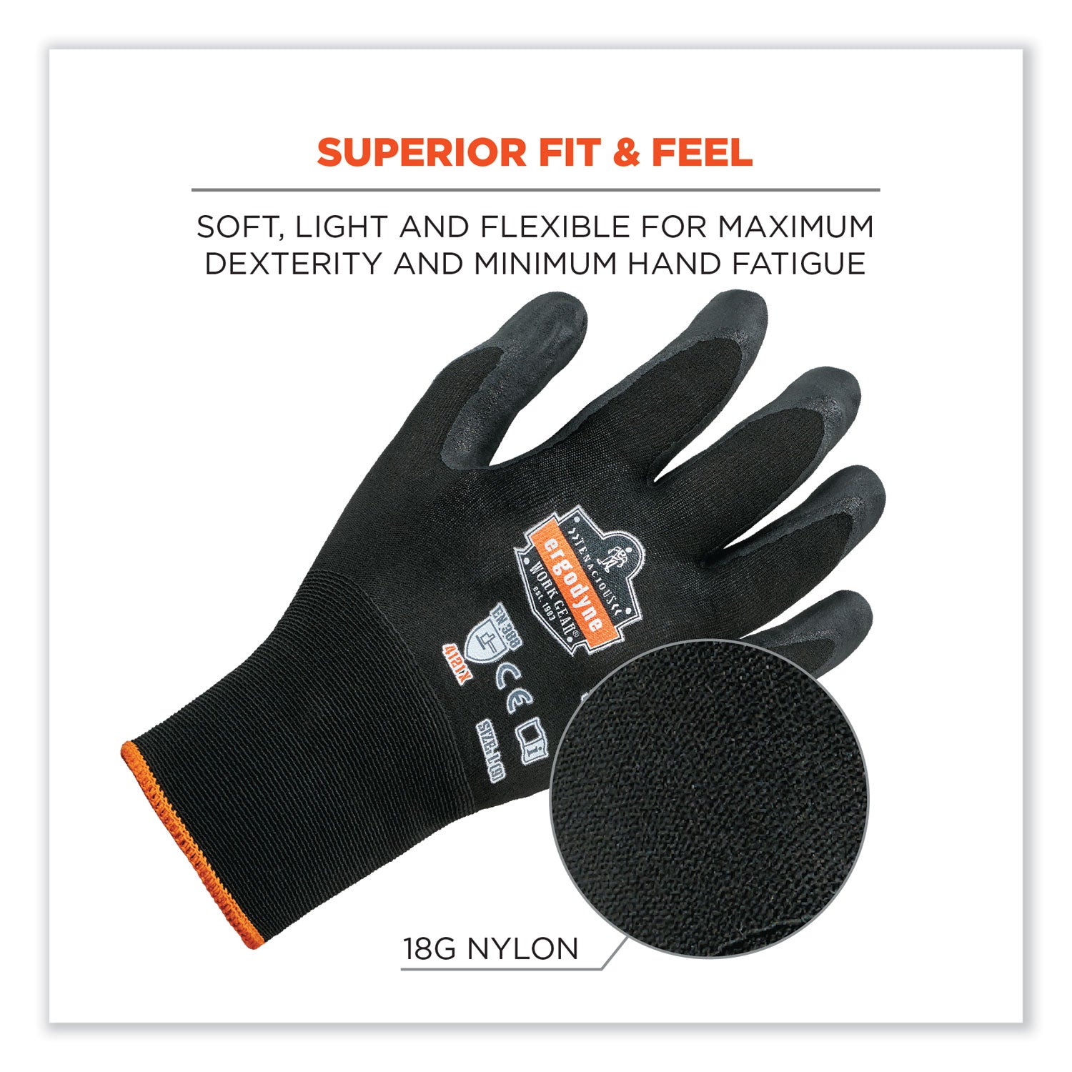 Ergodyne ProFlex 7001 Nitrile-Coated Gloves, Extra Large, Black, Touchscreen Capable, Abrasion Resistant, Seamless, Breathable, 2 Pairs per Pack, 12 Packs per Bag