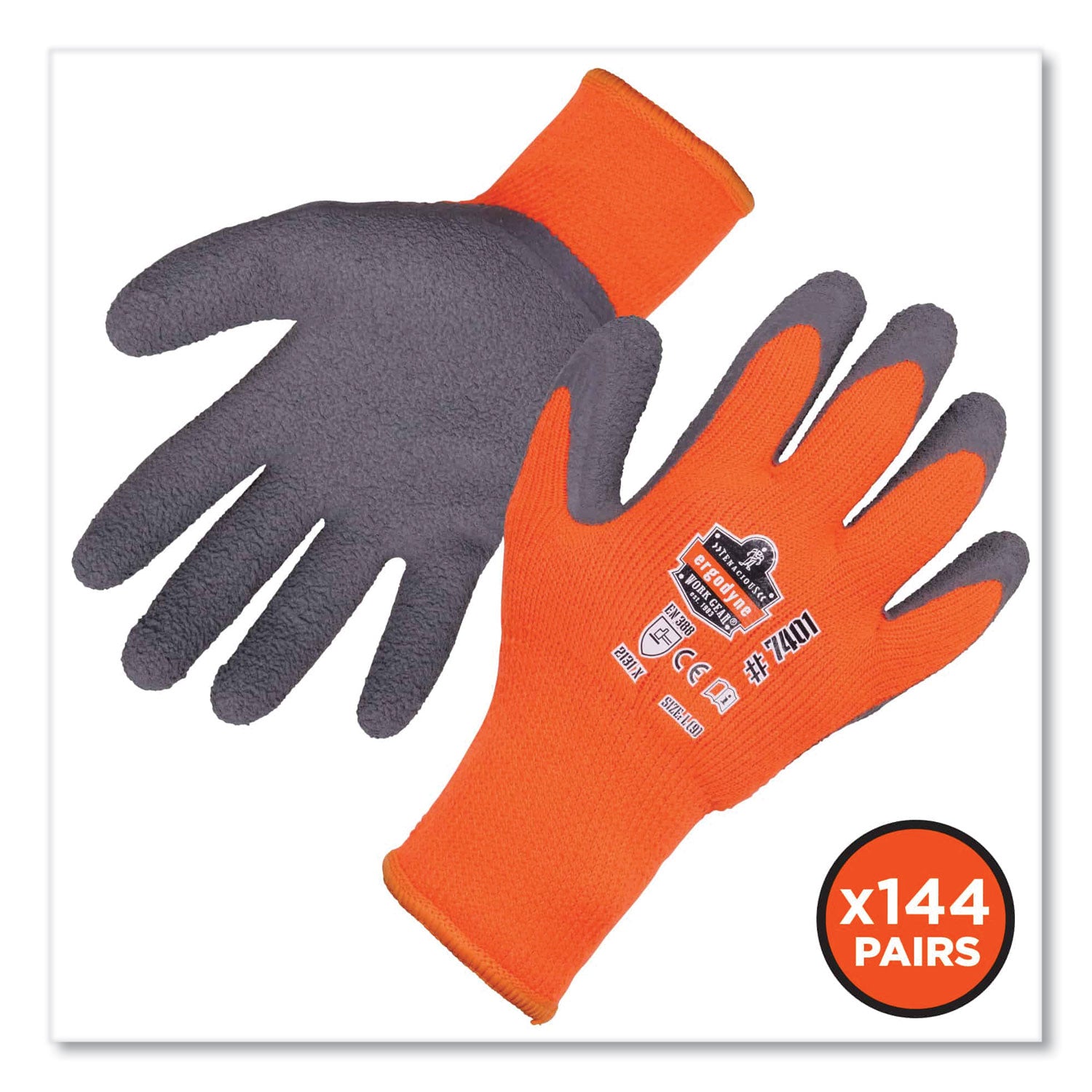 Ergodyne ProFlex 7401 Coated Lightweight Winter Work Gloves, Extra Large, Orange, Latex Coating, Thermal Protection, Cut Resistant, Machine Washable, 2 Pairs per Pack, 144 Packs per Carton