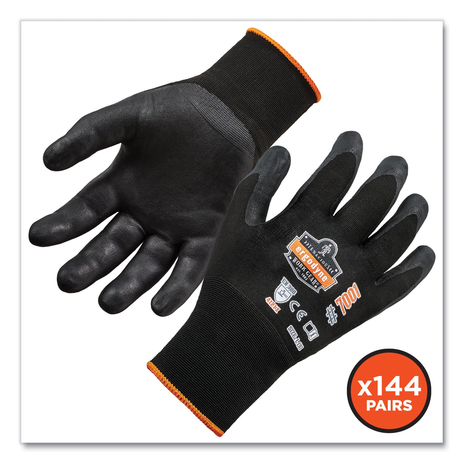 Ergodyne ProFlex 7001 Abrasion-Resistant Nitrile-Coated Gloves, XXL, Black, Touchscreen Capable, Seamless Knit Wrist, 2 Pairs per Pack, 144 Packs per Carton