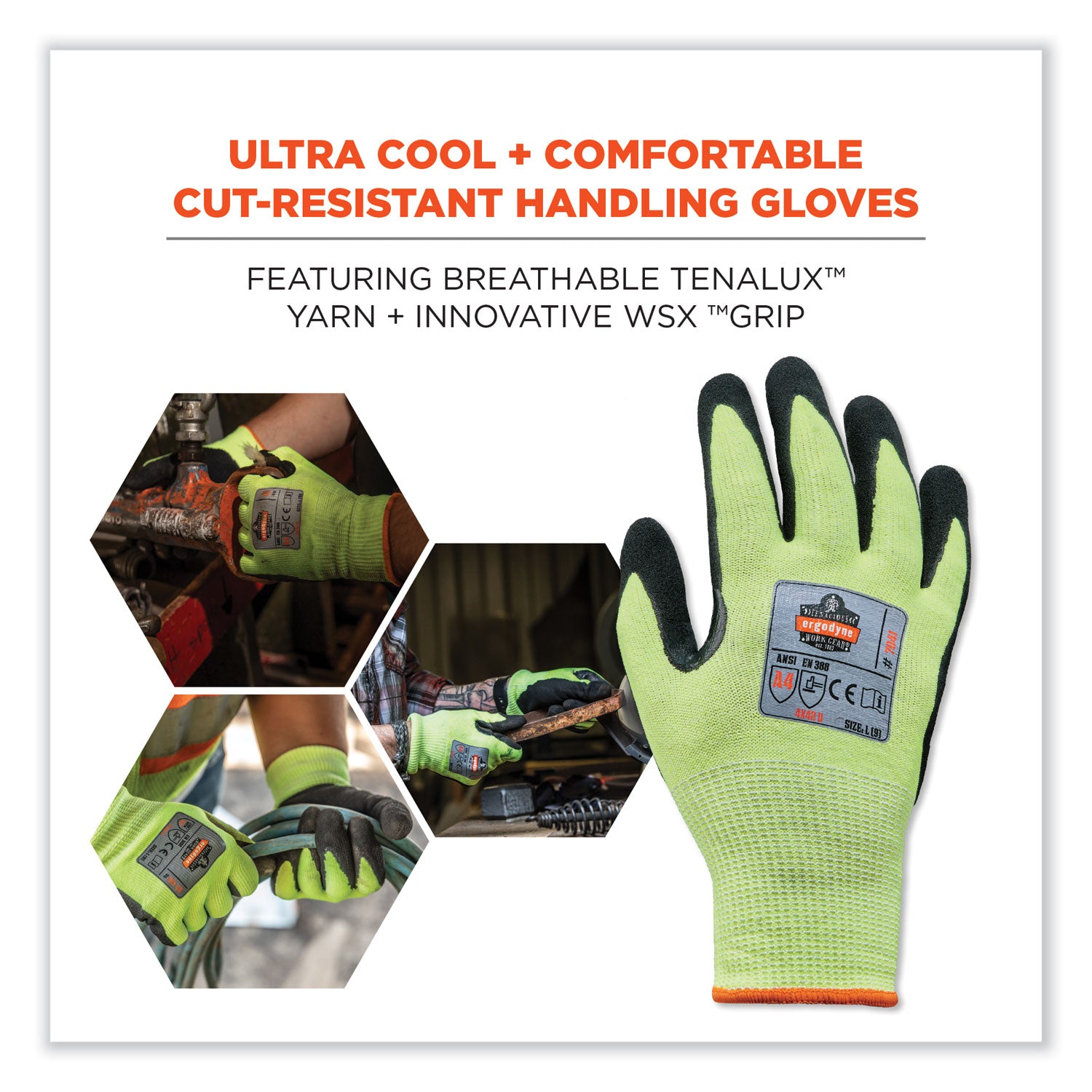 Ergodyne ProFlex 7041 Hi-Vis Nitrile-Coated Level 4 Cut Gloves, Small, Lime, 1.75" Thick, 10" Length, 2 Pairs per Pack, 12 Packs per Carton