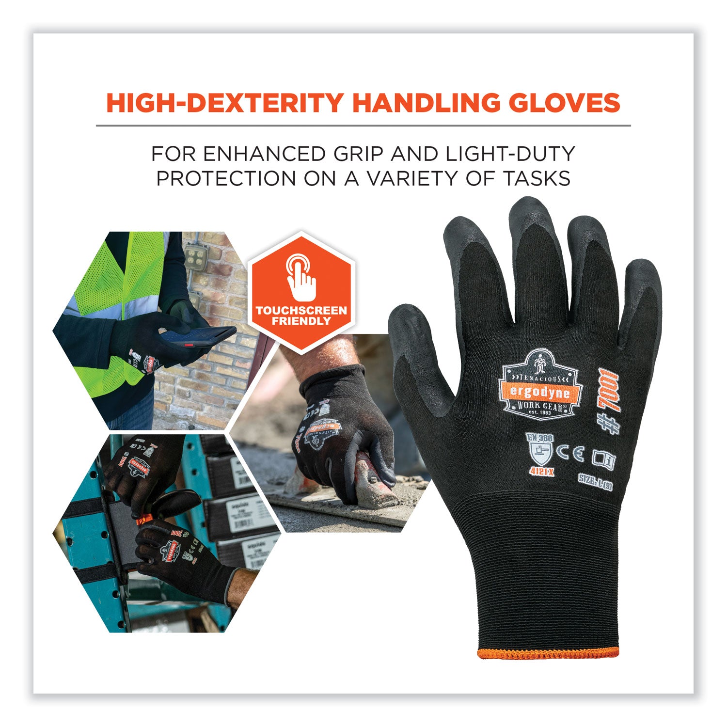 Ergodyne ProFlex 7001 Abrasion-Resistant Nitrile-Coated Gloves, Small, Black, Touchscreen Capable, Seamless, Breathable, Flexible, Durable, 2 Pairs per Pack, 12 Packs per Bag