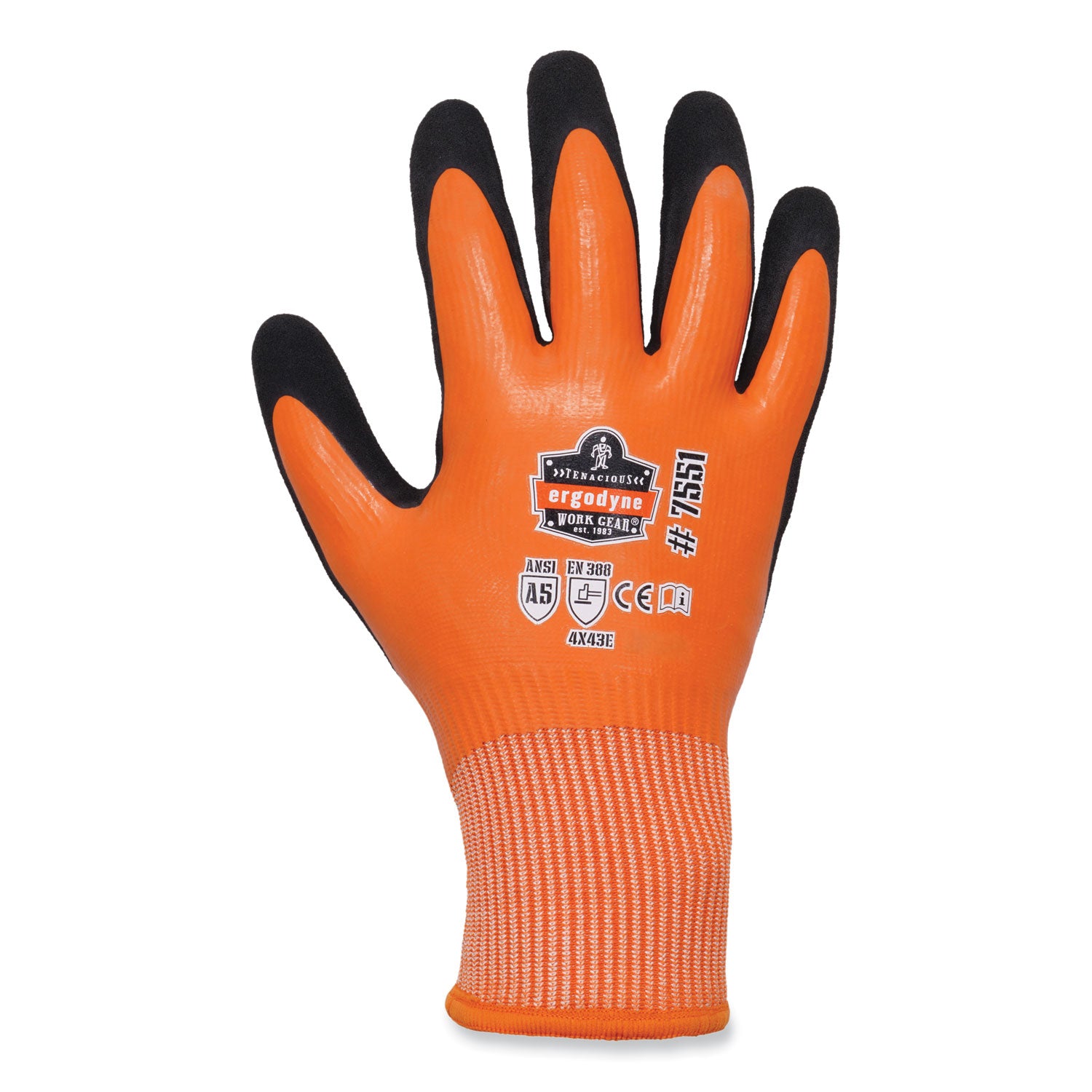 Ergodyne ProFlex 7551 A5 Coated Waterproof Gloves, Small, Orange, Nitrile & Latex Coating, 1.75" Thick, 10" Length, 2 Pairs per Pack, 144 Packs per Carton