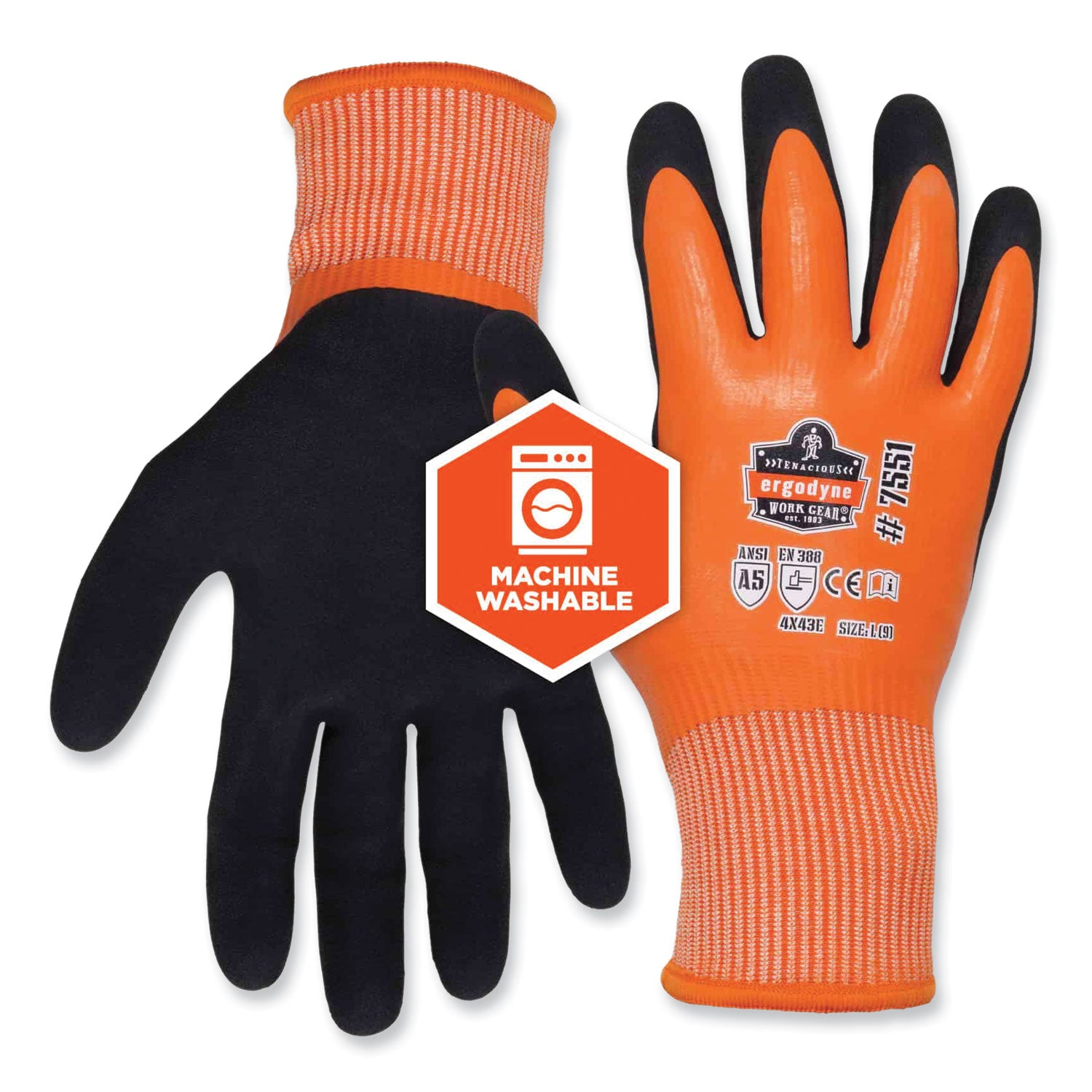 Ergodyne ProFlex 7551 A5 Coated Waterproof Gloves, Medium, Orange, Nitrile & Latex Coating, 1.75" Thick, 10" Length, 2/Pair, 144 Pairs/Carton