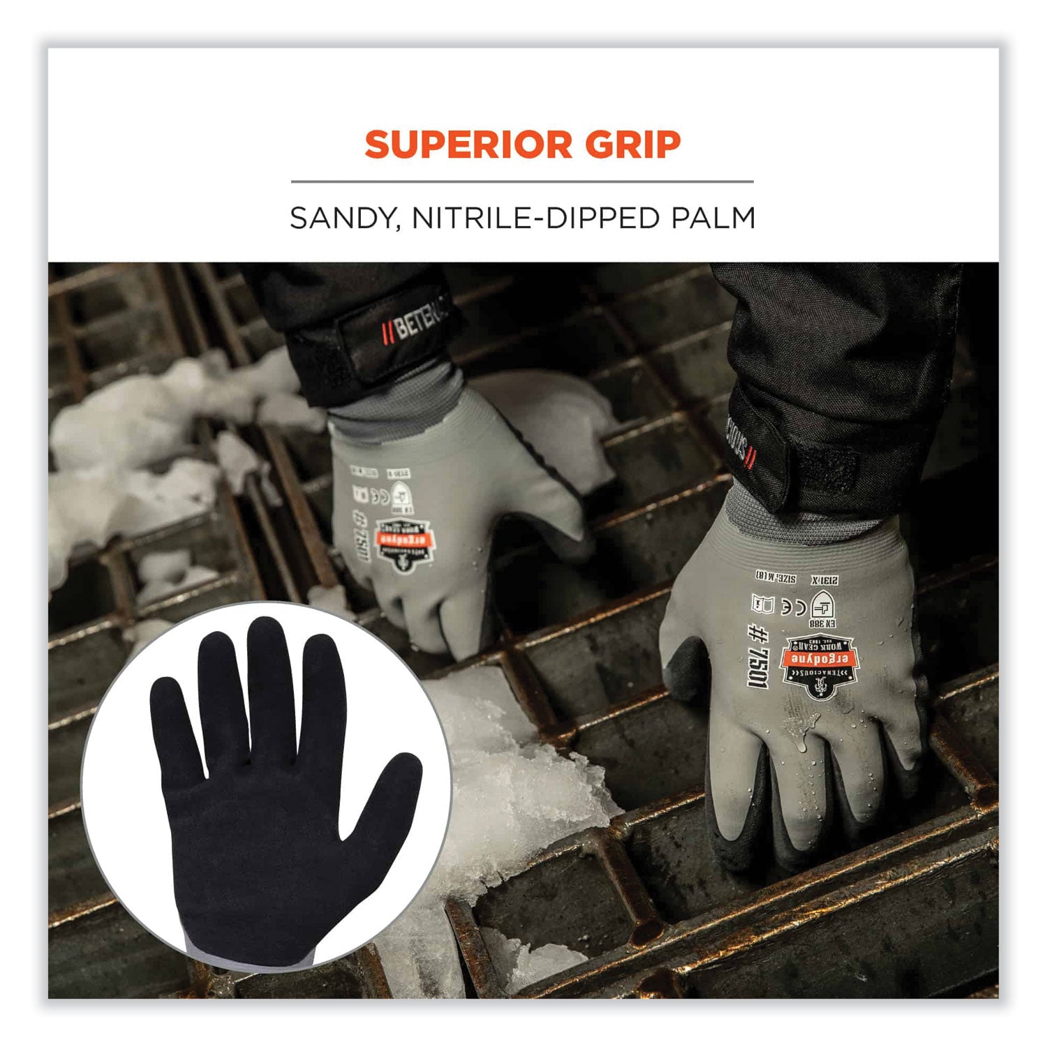 Ergodyne ProFlex 7501 Coated Waterproof Winter Work Gloves, Small, Gray, Nitrile & Latex Coating, Thermal Protection, Cut & Abrasion Resistant, Superior Grip, Machine Washable, 2/Pair, 144 Pairs/Carton