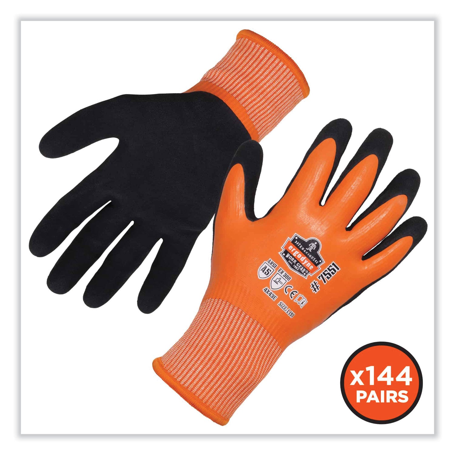 Ergodyne ProFlex 7551 A5 Coated Waterproof Gloves, Medium, Orange, Nitrile & Latex Coating, 1.75" Thick, 10" Length, 2/Pair, 144 Pairs/Carton
