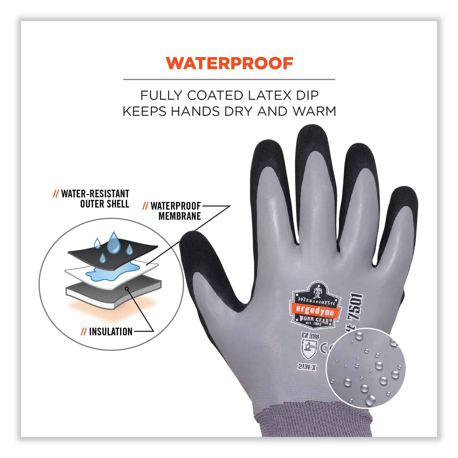Ergodyne ProFlex 7501 Coated Waterproof Winter Work Gloves, Large, Gray, Nitrile & Latex Coating, Thermal Protection, Cut & Abrasion Resistant, Superior Grip, Machine Washable, 2 Pairs, 144/Carton