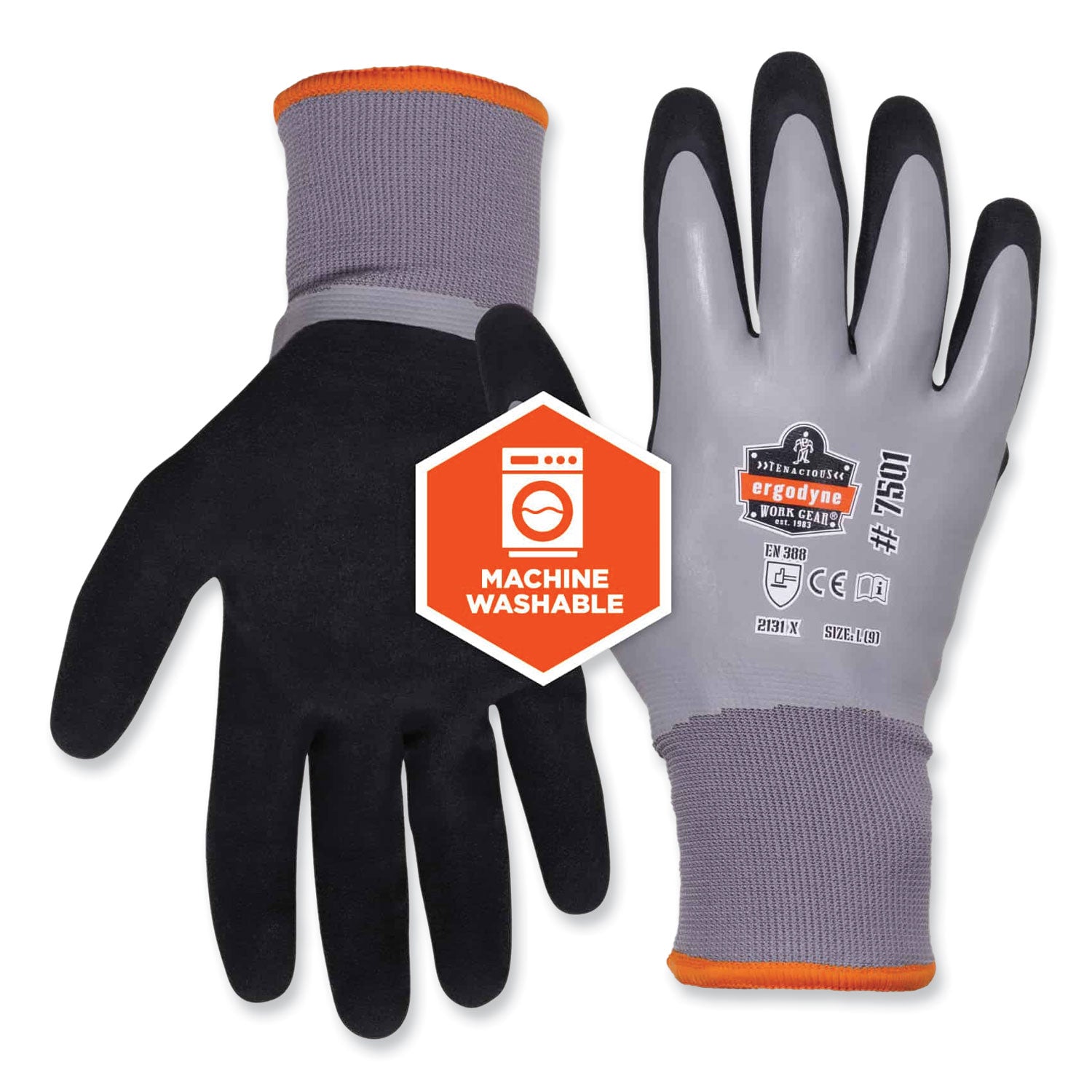 Ergodyne ProFlex 7501 Coated Waterproof Winter Work Gloves, Extra Large, Gray, Nitrile & Latex Coating, Thermal Protection, Cut & Abrasion Resistant, Superior Grip, Machine Washable, 2 Pairs, 144 Pairs/Carton