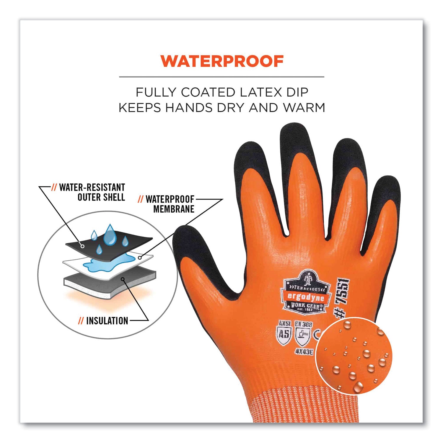 Ergodyne ProFlex 7551 A5 Coated Waterproof Gloves, Small, Orange, Nitrile & Latex Coating, 1.75" Thick, 10" Length, 2 Pairs per Pack, 144 Packs per Carton