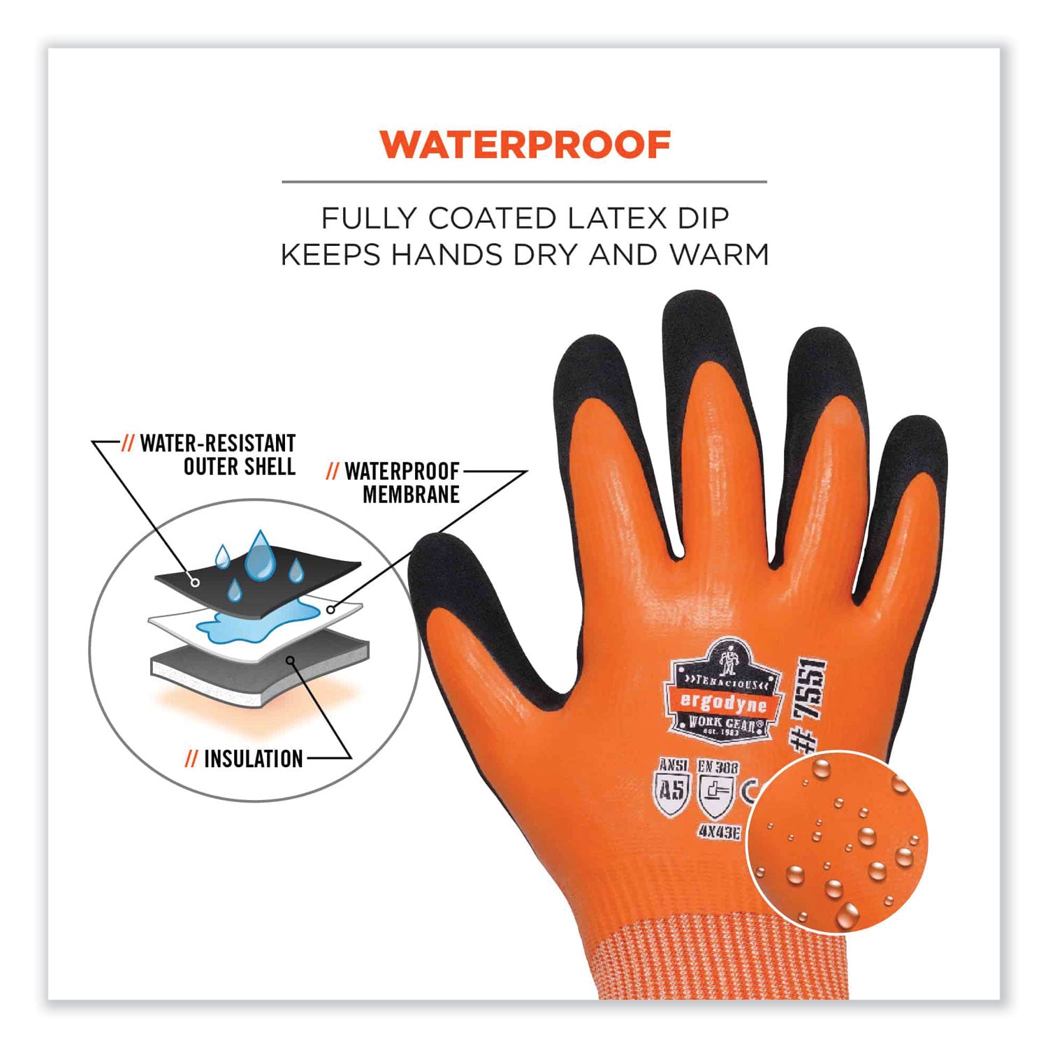 Ergodyne ProFlex 7551 A5 Coated Waterproof Gloves, Medium, Orange, Nitrile & Latex Coating, 1.75" Thick, 10" Length, 2/Pair, 144 Pairs/Carton