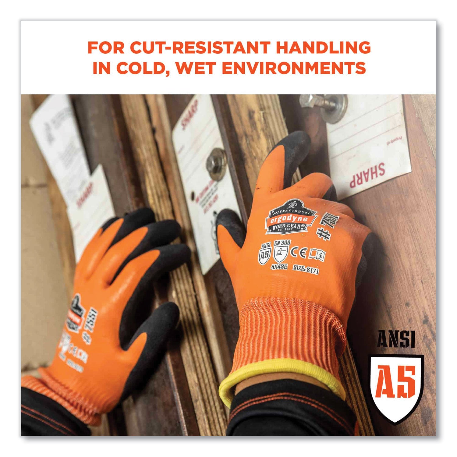Ergodyne ProFlex 7551 A5 Coated Waterproof Gloves, Large, Orange, Nitrile & Latex Coating, 1.75" Thick, 10.50" Length, 2/Pair, 144 Pairs/Carton