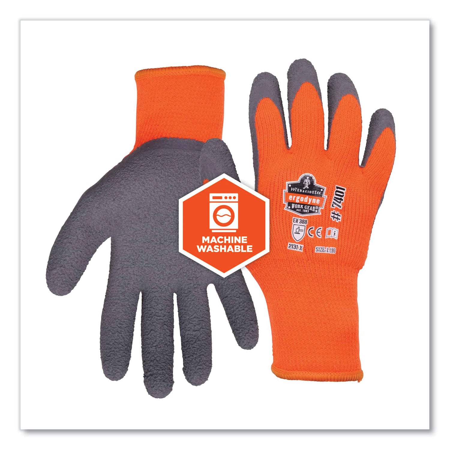 Ergodyne ProFlex 7401 Coated Lightweight Winter Work Gloves, Extra Large, Orange, Latex Coating, Thermal Protection, Cut Resistant, Machine Washable, 2 Pairs per Pack, 144 Packs per Carton
