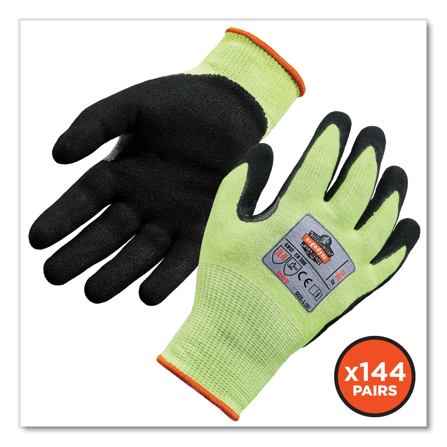 Ergodyne ProFlex 7041 Hi-Vis Nitrile-Coated Level 4 Cut Gloves, XXL, Lime, 1.75" Thick, 10" Length, 2/Pair, 144 Pairs/Carton