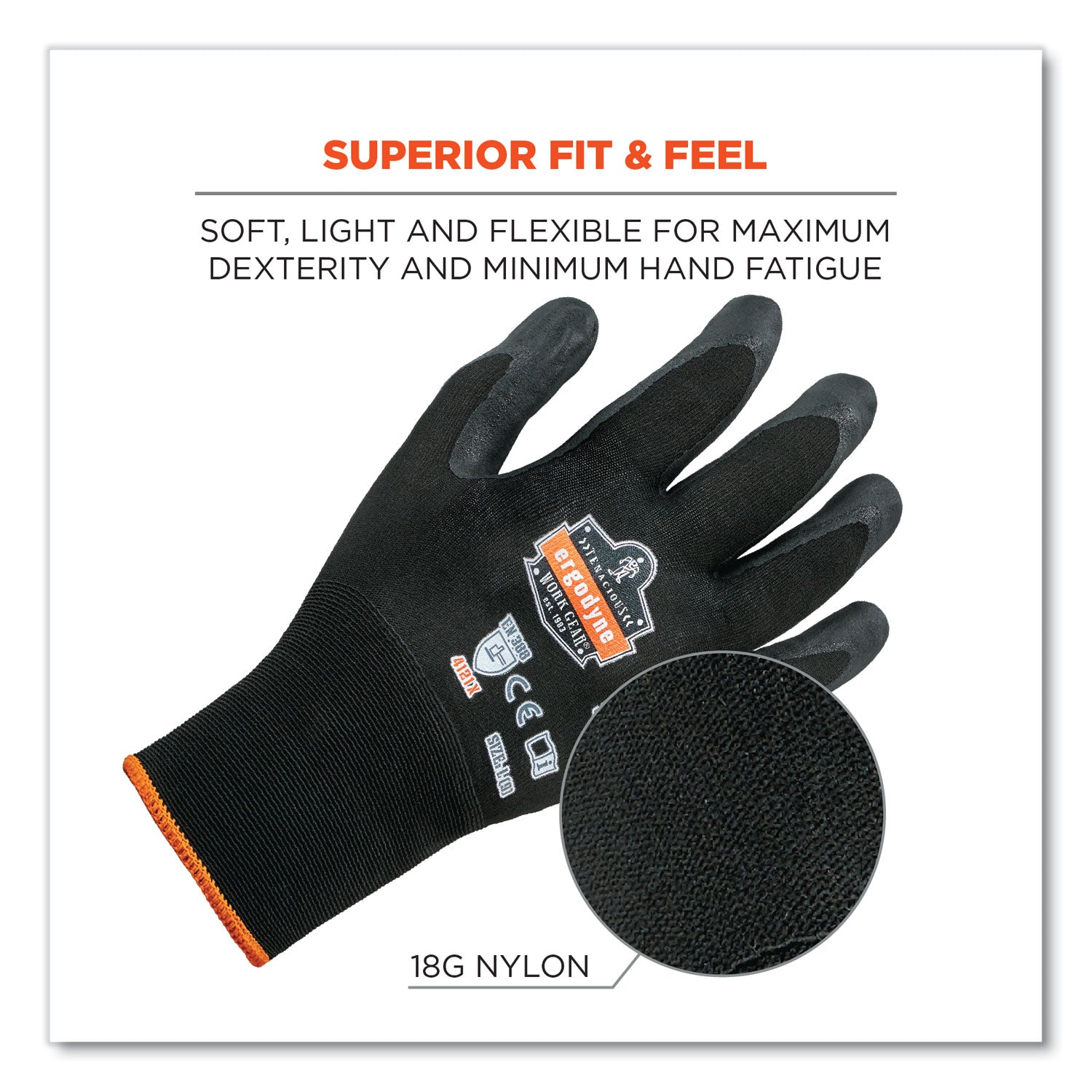 Ergodyne ProFlex 7001 Abrasion-Resistant Nitrile-Coated Gloves, XXL, Black, Touchscreen Capable, Seamless Knit Wrist, 2 Pairs per Pack, 144 Packs per Carton
