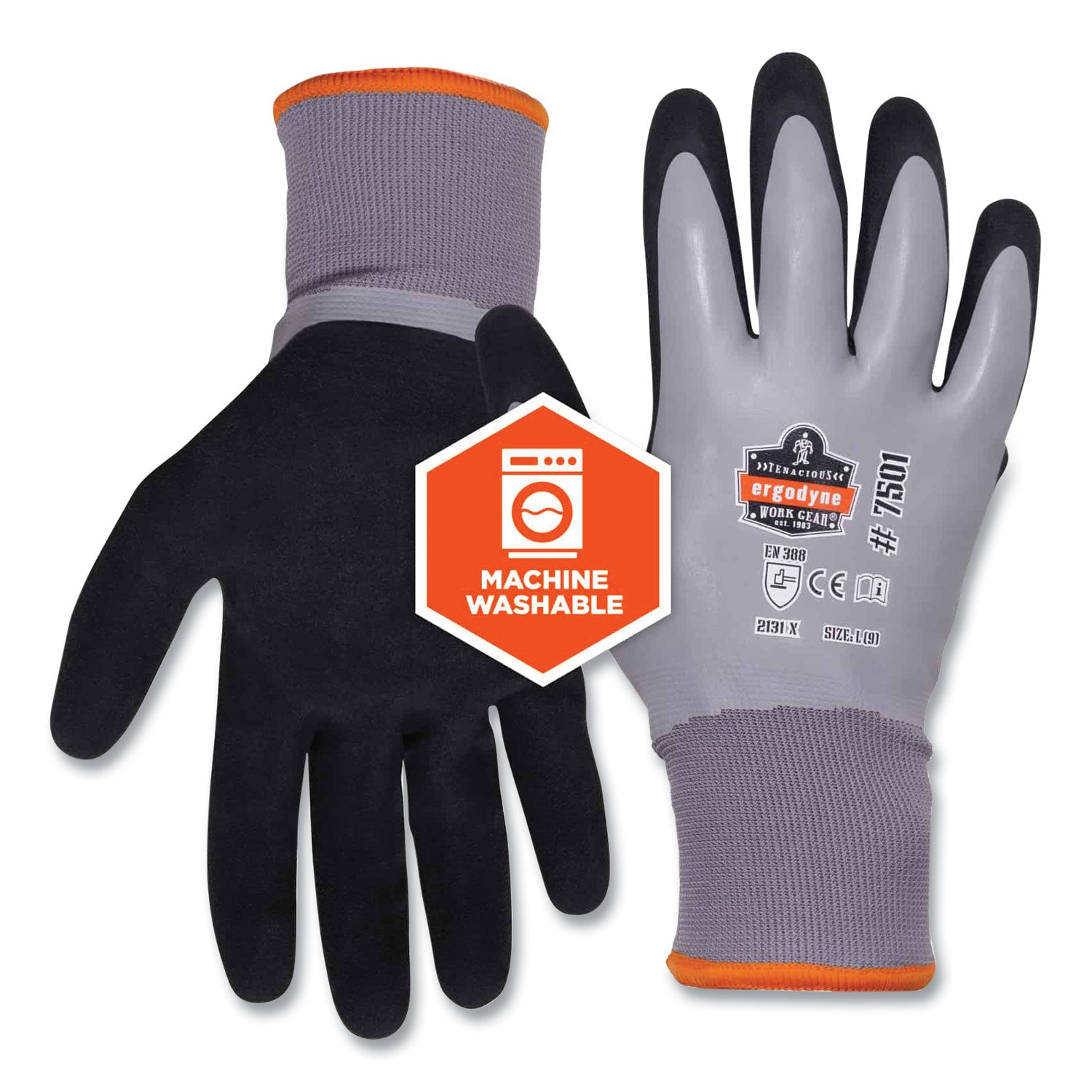 Ergodyne ProFlex 7501 Coated Waterproof Winter Work Gloves, Medium, Gray, Nitrile & Latex Coating, 1.75" Thick, 10" Length, 2/Pair, 144 Pairs/Carton