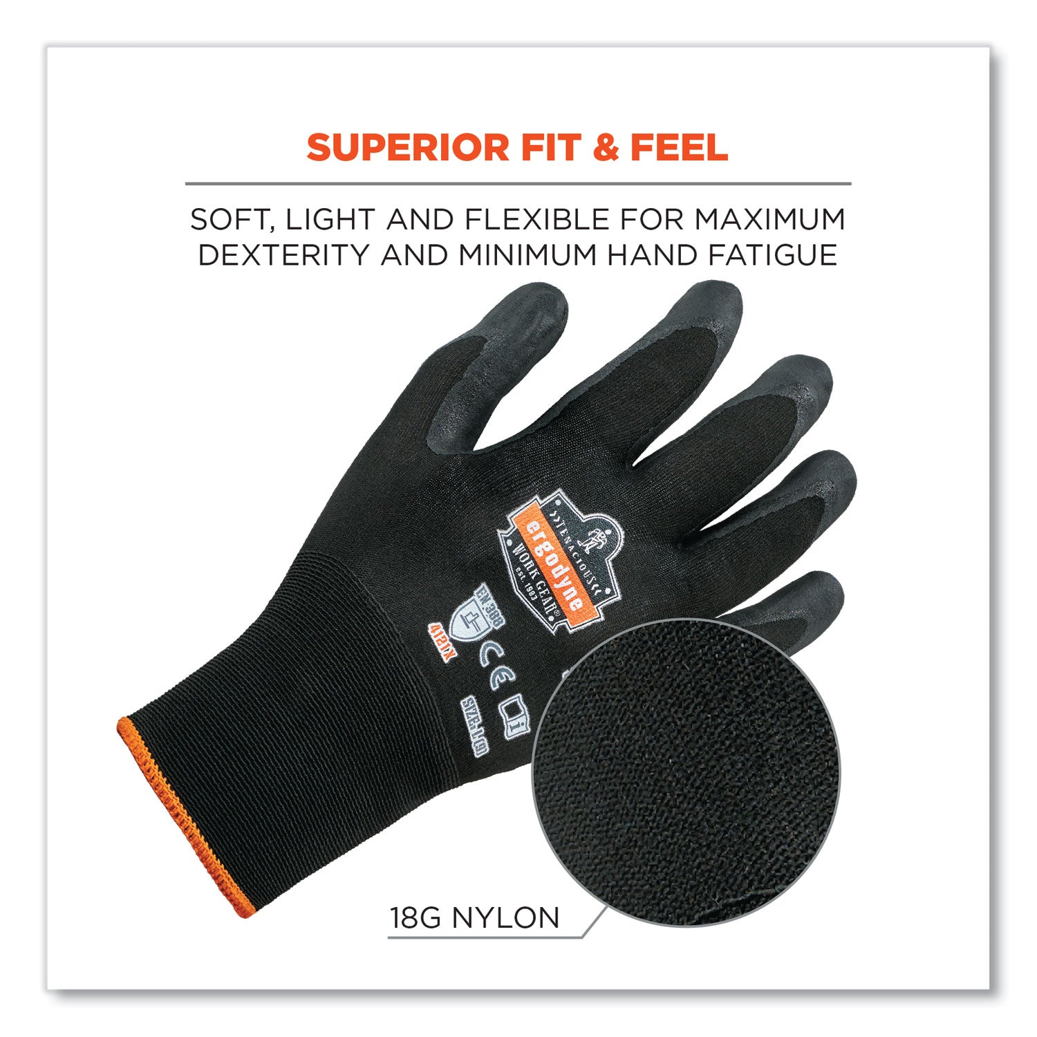 Ergodyne ProFlex 7001 Abrasion-Resistant Nitrile-Coated Gloves, Medium, Black, Touchscreen Capable, Seamless, Knit Wrist, Machine Washable, 2 Pairs per Pack, 12 Packs per Bag