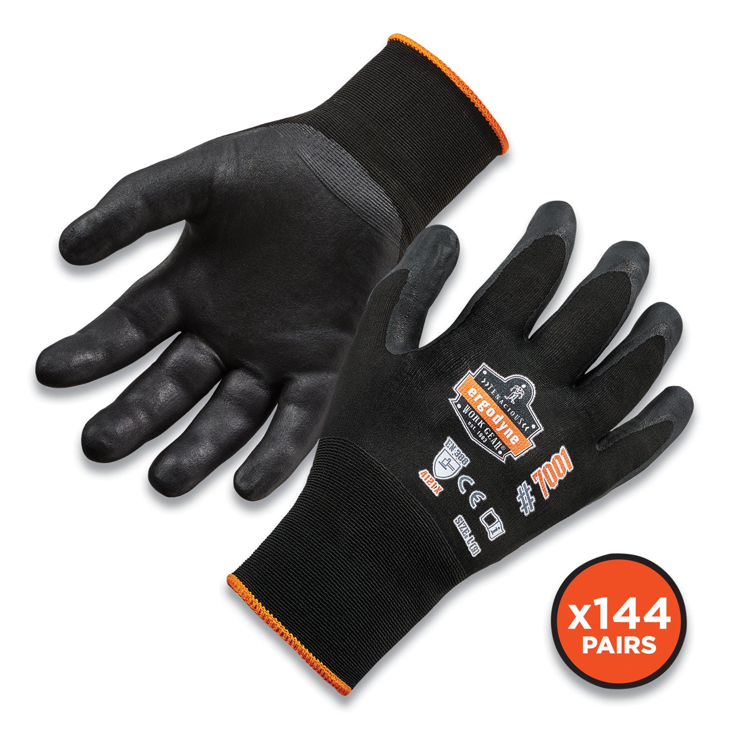 Ergodyne ProFlex 7001 Abrasion-Resistant Nitrile-Coated Gloves, Medium, Black, Touchscreen Capable, Seamless Knit Wrist, 2 Pairs per Pack, 144 Packs per Carton