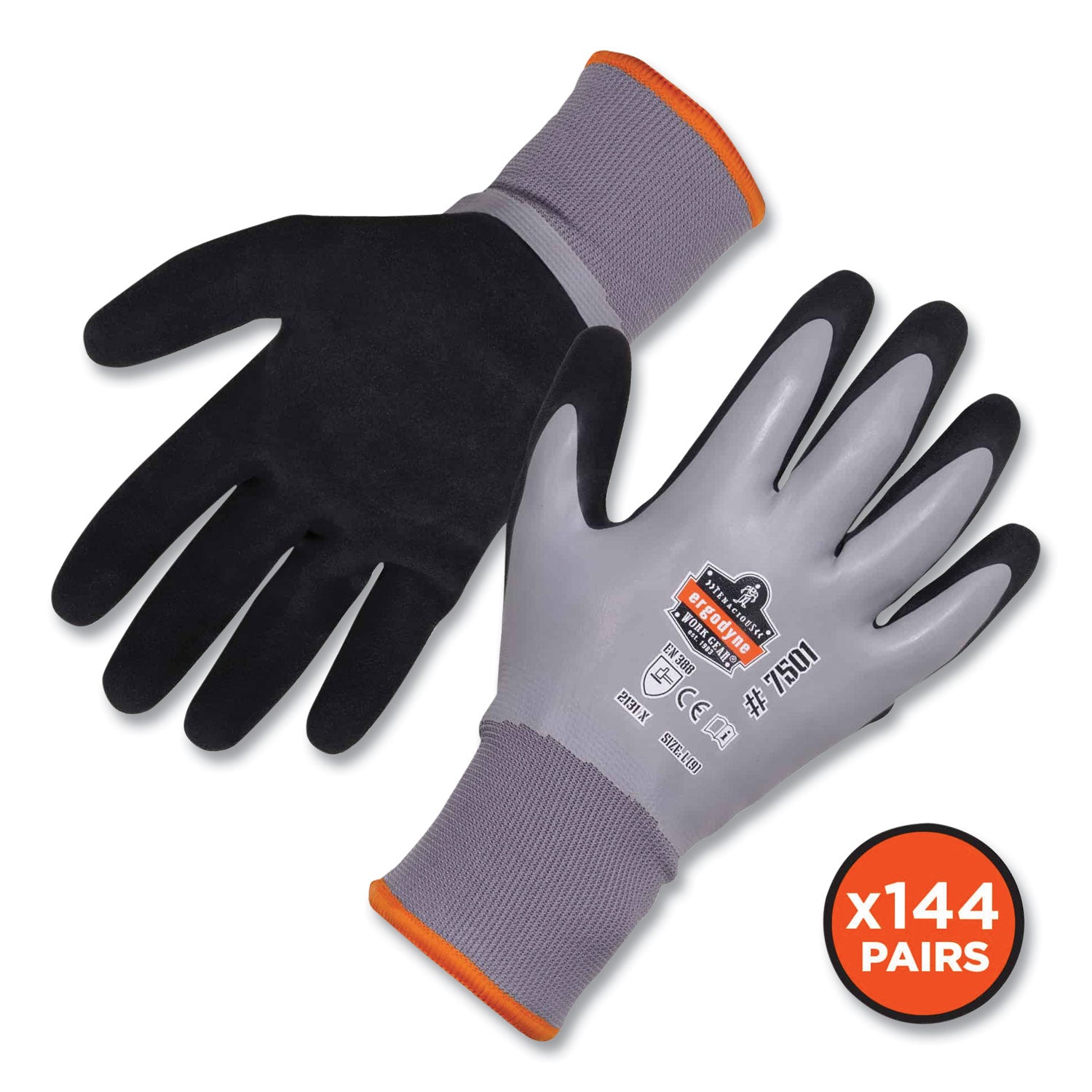 Ergodyne ProFlex 7501 Coated Waterproof Winter Work Gloves, Medium, Gray, Nitrile & Latex Coating, 1.75" Thick, 10" Length, 2/Pair, 144 Pairs/Carton