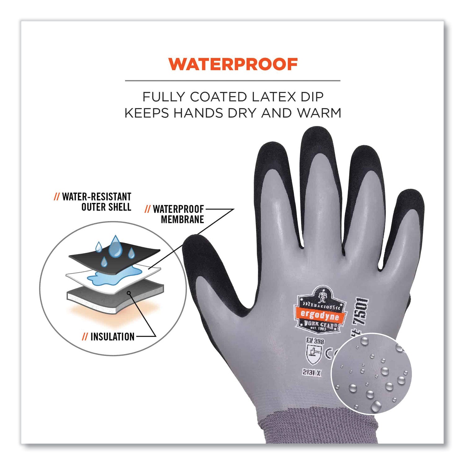 Ergodyne ProFlex 7501 Coated Waterproof Winter Work Gloves, Extra Large, Gray, Nitrile & Latex Coating, Thermal Protection, Cut & Abrasion Resistant, Superior Grip, Machine Washable, 2 Pairs, 144 Pairs/Carton
