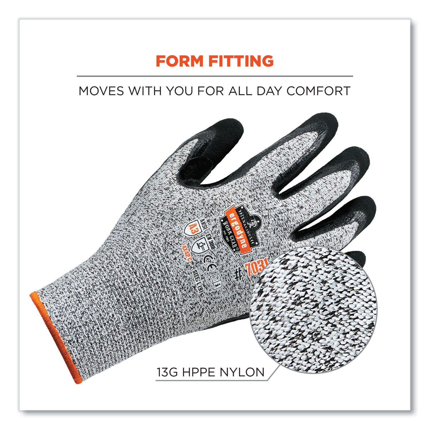 Ergodyne ProFlex 7031 Nitrile-Coated Cut-Resistant Gloves, A3 Level, Extra Large, Gray, 2/Pair, 12 Pairs per Carton, 2" Thickness, 10" Length, Seamless Knit Wrist, Reinforced Thumb, Machine Washable