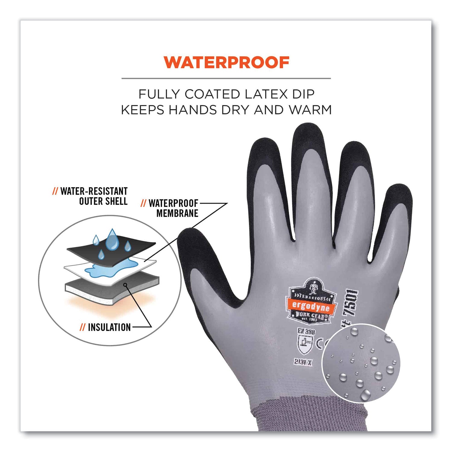 Ergodyne ProFlex 7501 Coated Waterproof Winter Work Gloves, Small, Gray, Nitrile & Latex Coating, Thermal Protection, Cut & Abrasion Resistant, Superior Grip, Machine Washable, 2/Pair, 144 Pairs/Carton