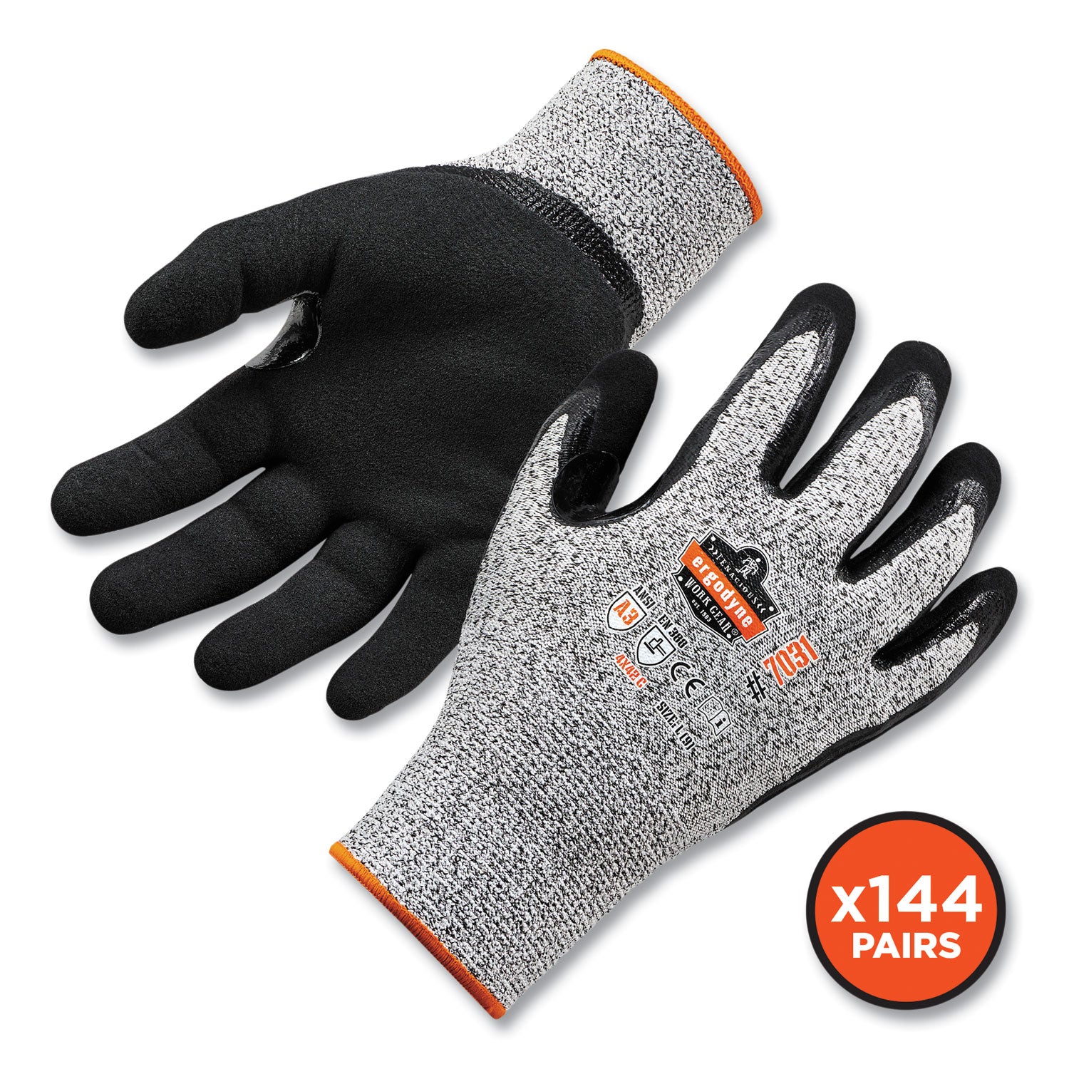 Ergodyne ProFlex 7031 Nitrile-Coated Cut-Resistant Gloves, A3 Level, Medium, Gray, 2/Pair, 144 Pairs/Carton, 2" Thickness, 9.50" Length, Seamless Knit Wrist, High Visibility, Reinforced Thumb