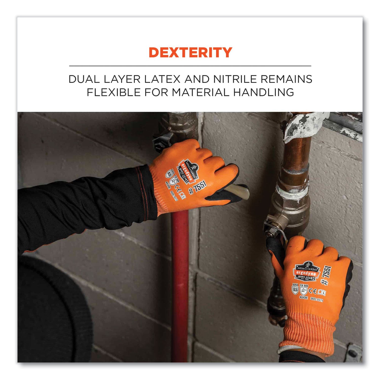 Ergodyne ProFlex 7551 A5 Coated Waterproof Gloves, Small, Orange, Nitrile & Latex Coating, 1.75" Thick, 10" Length, 2 Pairs per Pack, 144 Packs per Carton