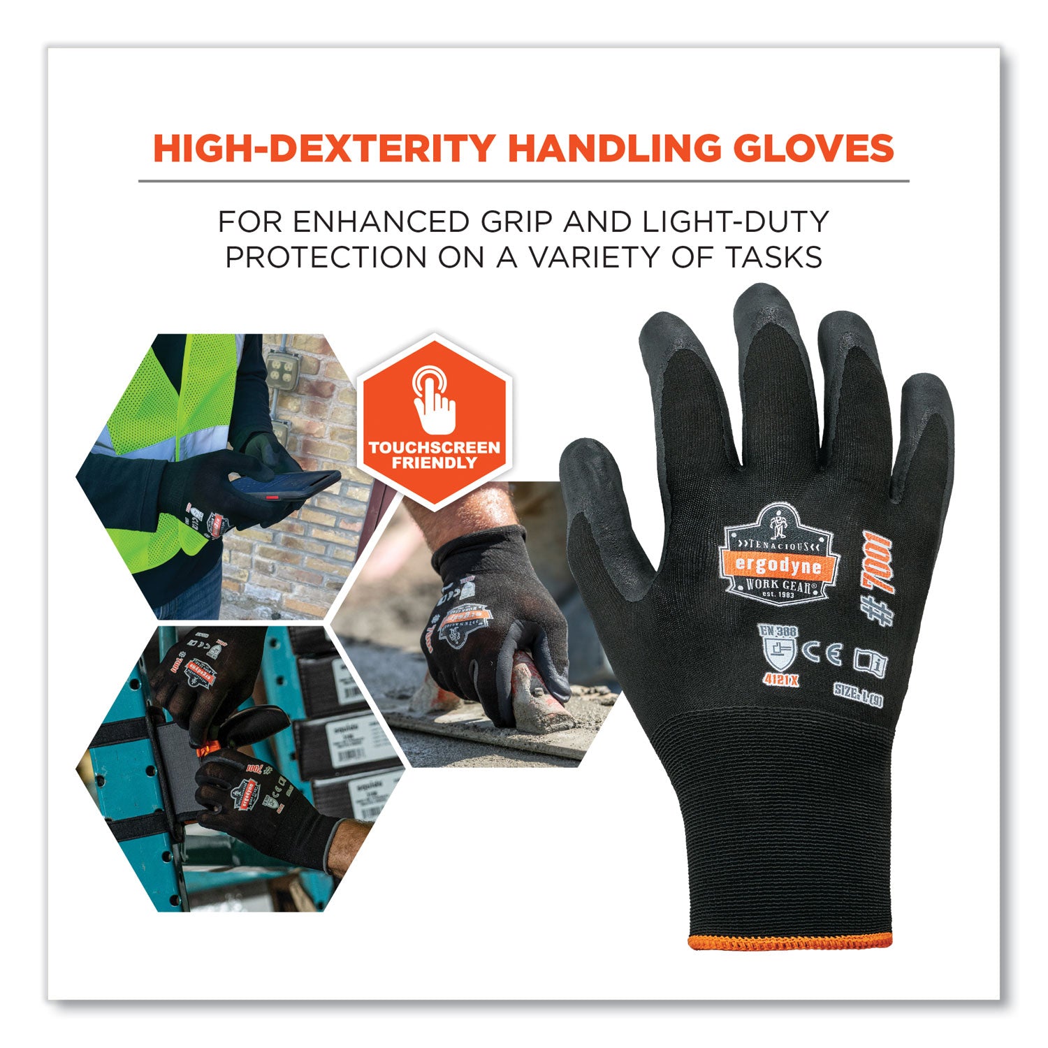 Ergodyne ProFlex 7001 Abrasion-Resistant Nitrile-Coated Gloves, Medium, Black, Touchscreen Capable, Seamless Knit Wrist, 2 Pairs per Pack, 144 Packs per Carton