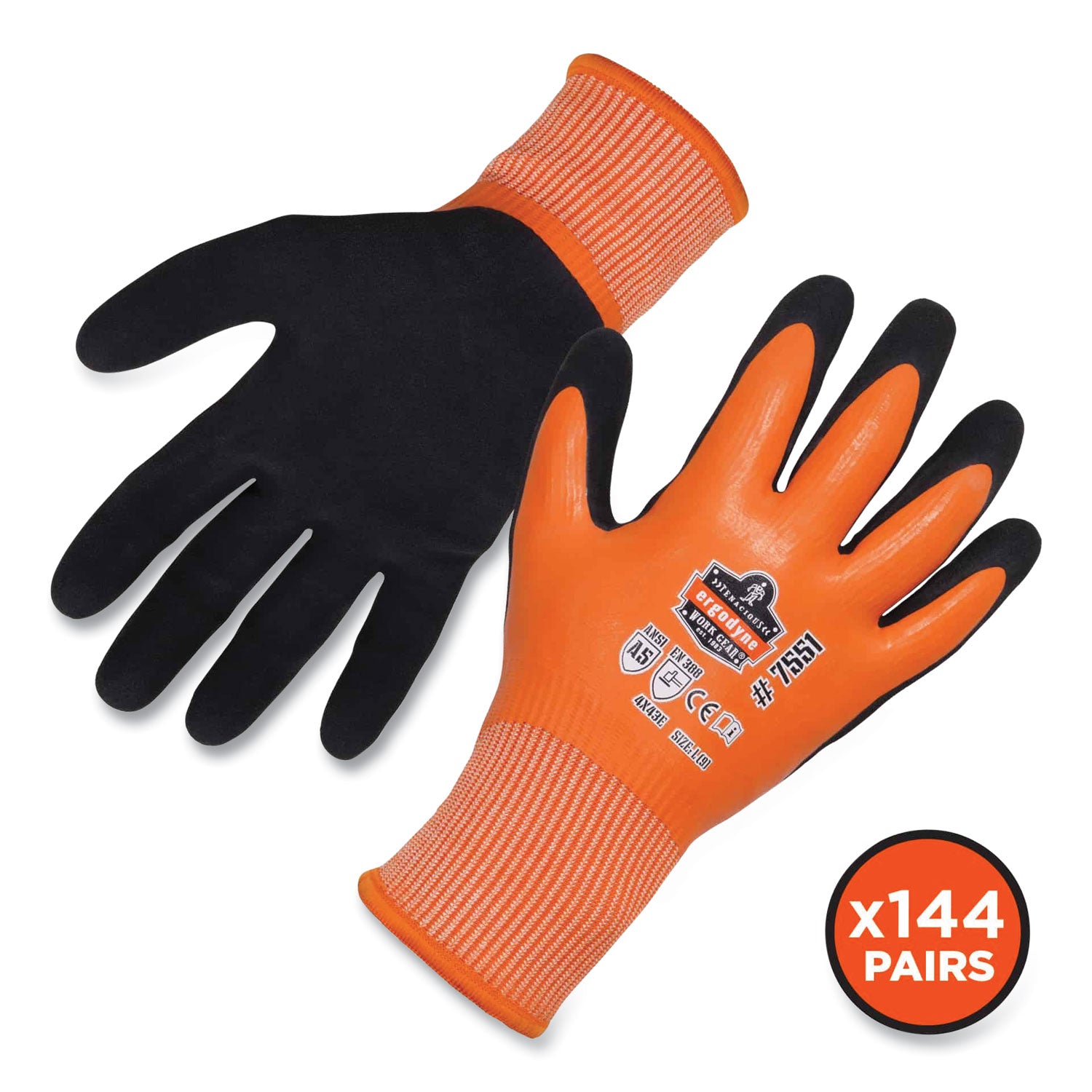 Ergodyne ProFlex 7551 A5 Coated Waterproof Gloves, Large, Orange, Nitrile & Latex Coating, 1.75" Thick, 10.50" Length, 2/Pair, 144 Pairs/Carton