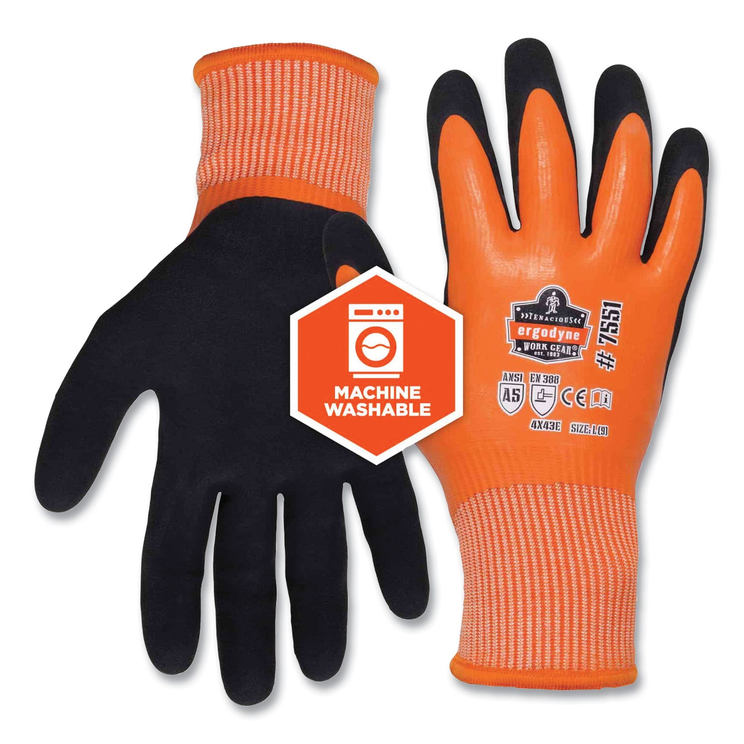 Ergodyne ProFlex 7551 A5 Coated Waterproof Gloves, Extra Large, Orange, Nitrile & Latex Coating, 2" Thick, 11" Length, 2/Pair, 144 Pairs per Carton