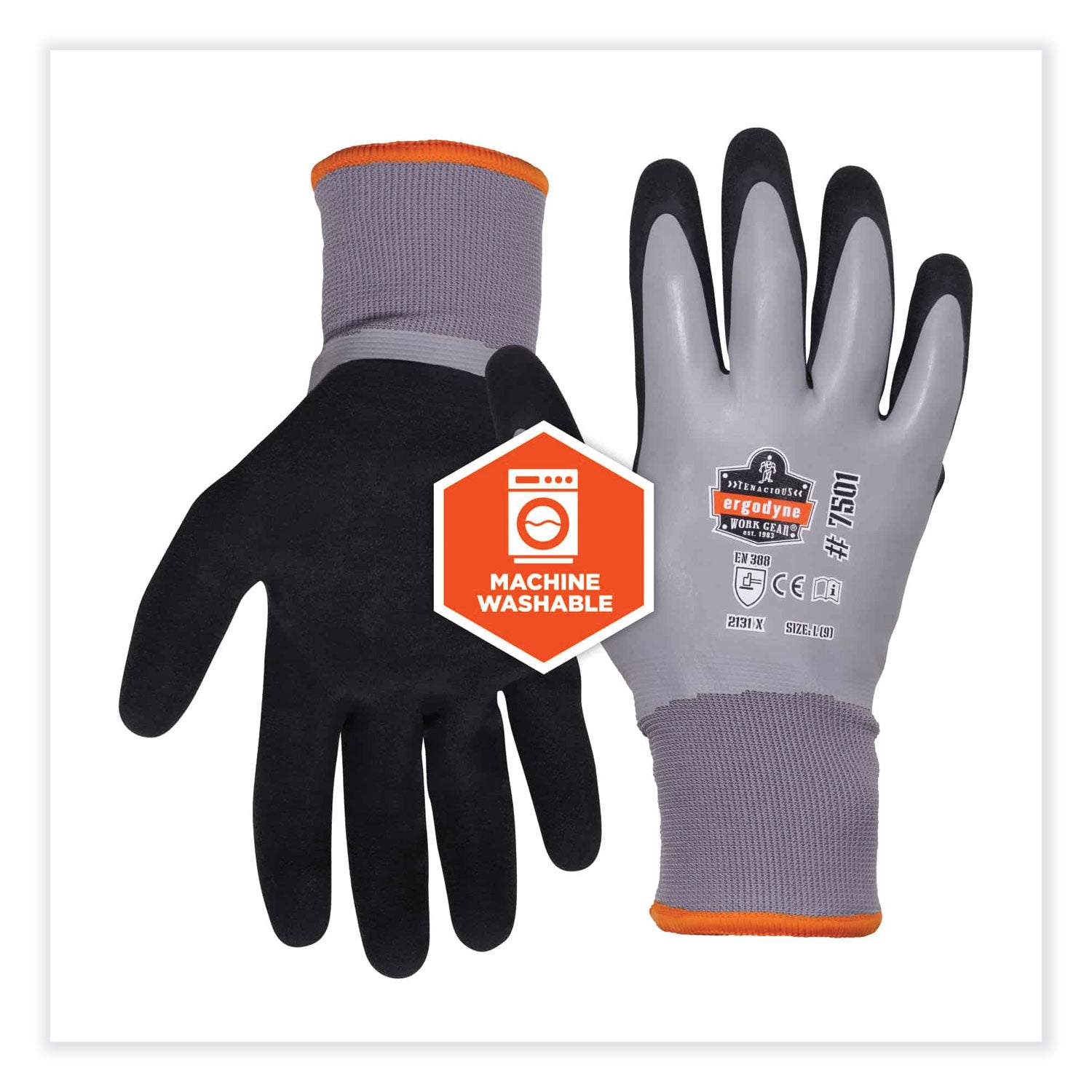 Ergodyne ProFlex 7501 Coated Waterproof Winter Work Gloves, Small, Gray, Nitrile & Latex Coating, Thermal Protection, Cut & Abrasion Resistant, Superior Grip, Machine Washable, 2/Pair, 144 Pairs/Carton