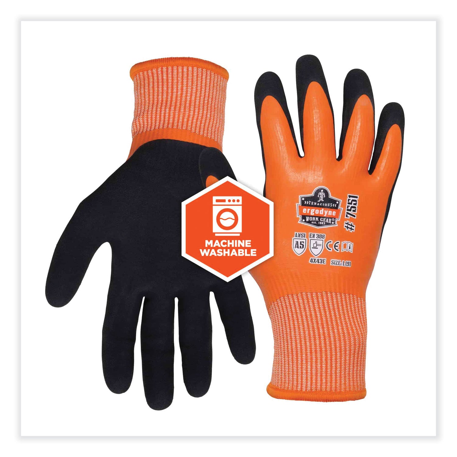 Ergodyne ProFlex 7551 A5 Coated Waterproof Gloves, XXL, Orange, Nitrile & Latex Coating, 2" Thick, 11" Length, 2 Pairs per Pack, 144 Pairs per Carton