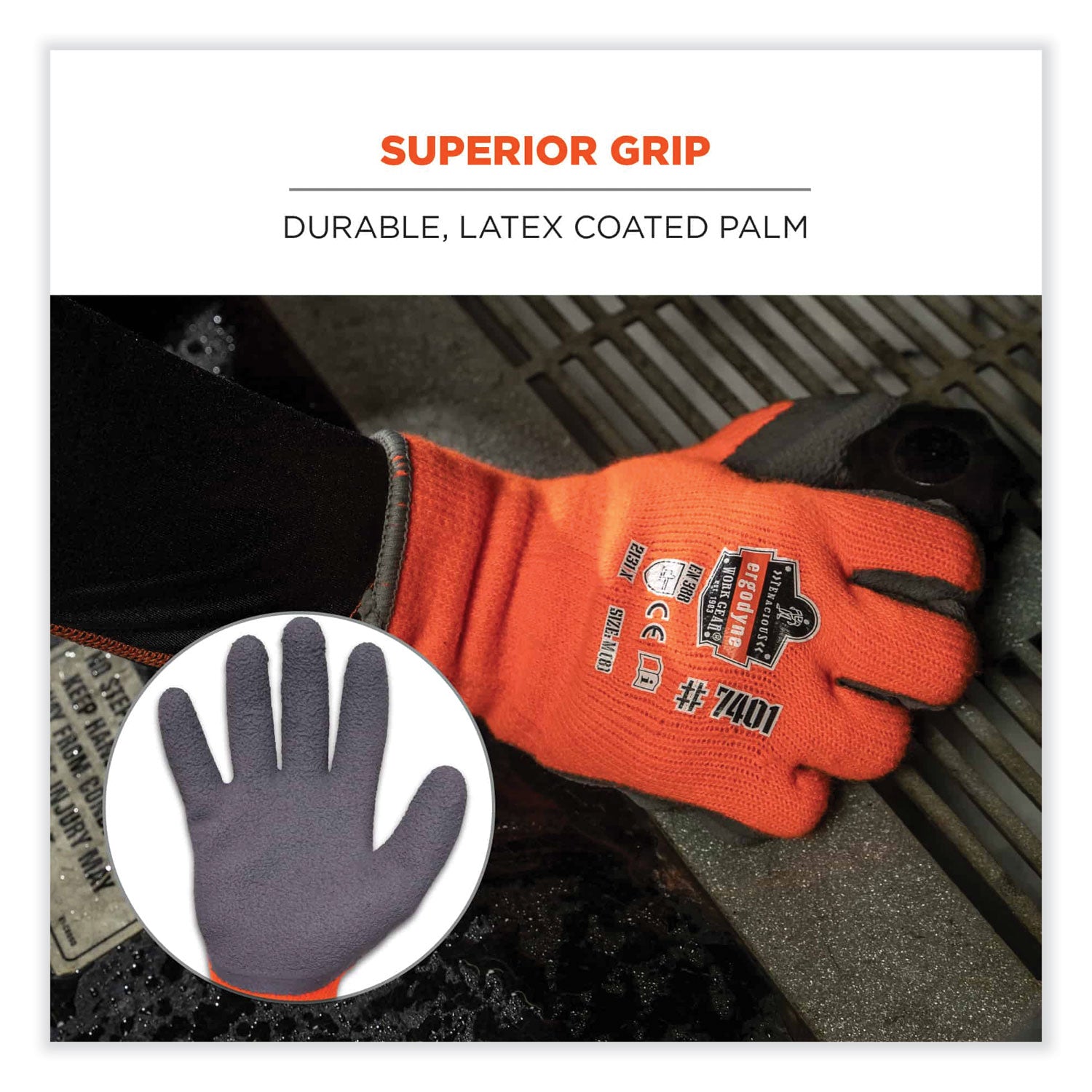 Ergodyne ProFlex 7401 Coated Lightweight Winter Work Gloves, Medium, Orange, Latex Coating, Thermal Protection, Cut Resistant, 1.75" Thick, 10" Length, 2/Pair, 144 Pairs/Carton