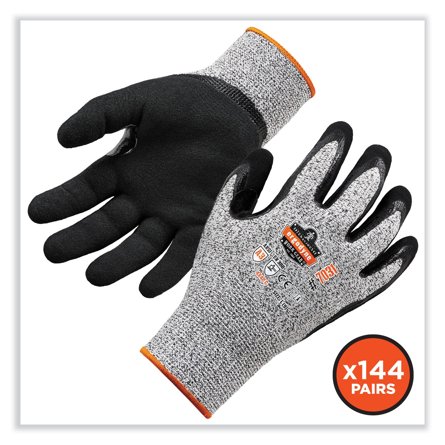 Ergodyne ProFlex 7031 Nitrile-Coated Cut-Resistant Gloves, A3 Level, Small, Gray, 2/Pair, 144 Pairs/Carton