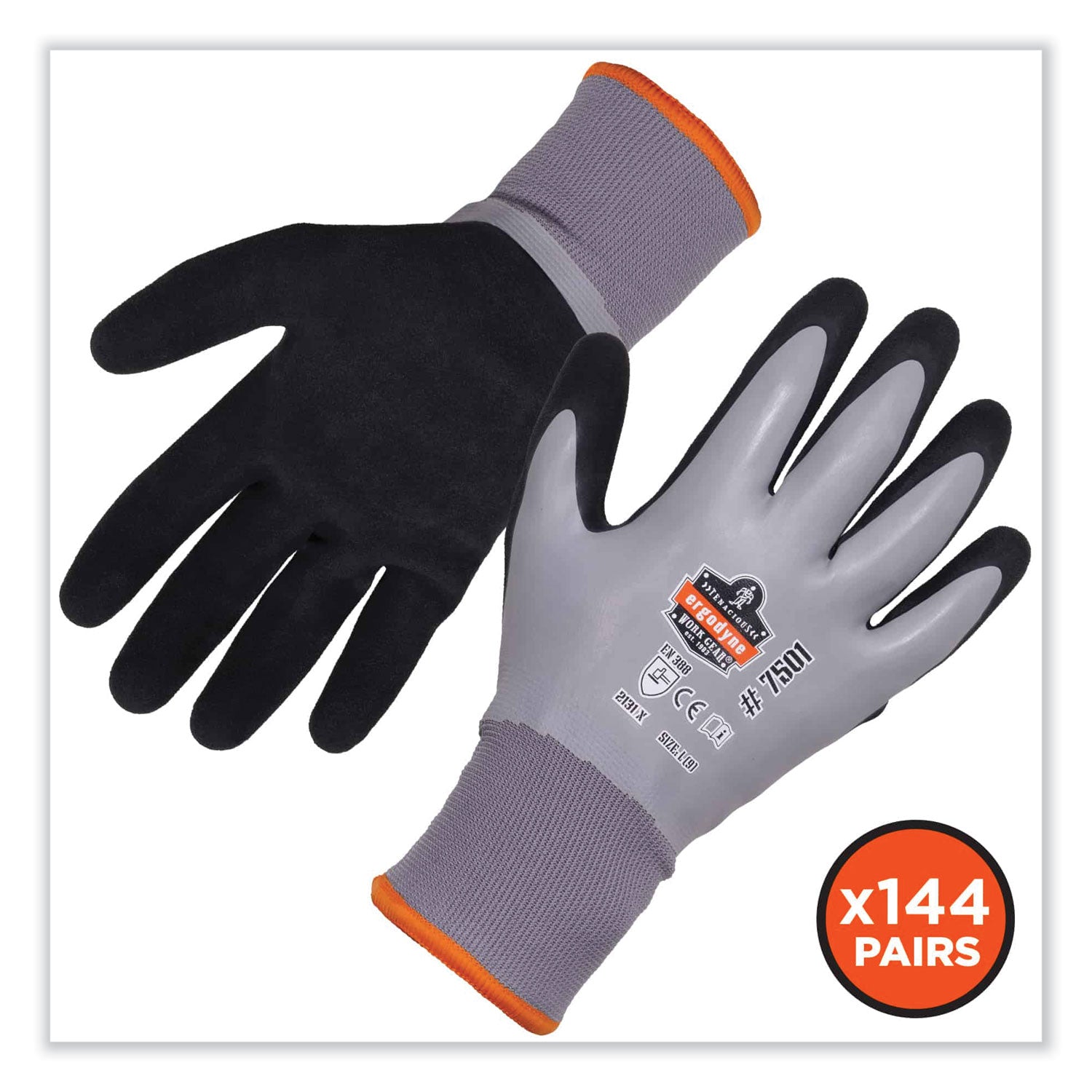 Ergodyne ProFlex 7501 Coated Waterproof Winter Work Gloves, XXL, Gray, Nitrile & Latex Coating, Thermal Protection, Cut & Abrasion Resistant, Superior Grip, Machine Washable, 2/Pair, 144 Pairs/Carton