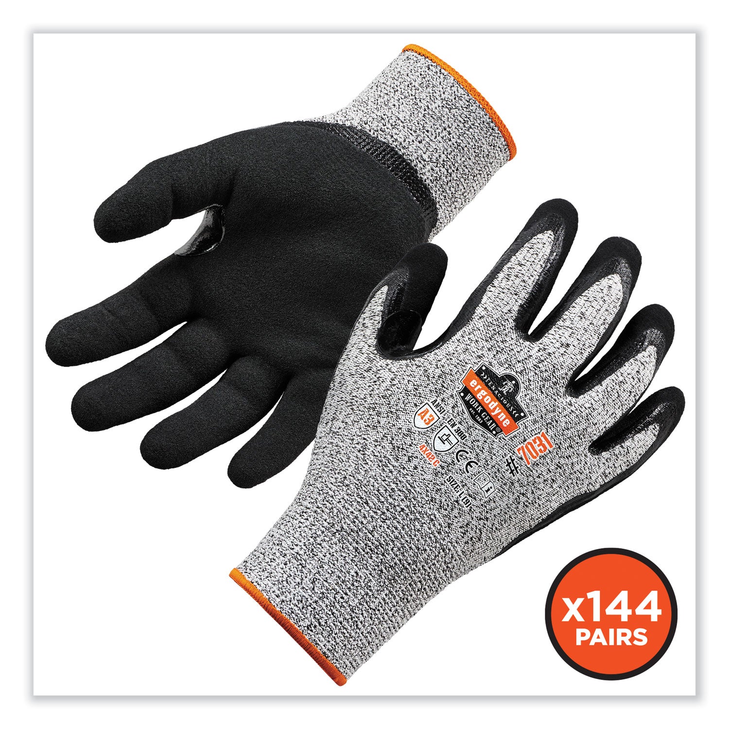 Ergodyne ProFlex 7031 Nitrile-Coated Cut-Resistant Gloves, A3 Level, XXL, Gray, 2/Pair, 144 Pairs/Carton, 2" Thickness, 10.50" Length, Seamless Knit Wrist, Reinforced Thumb, Machine Washable