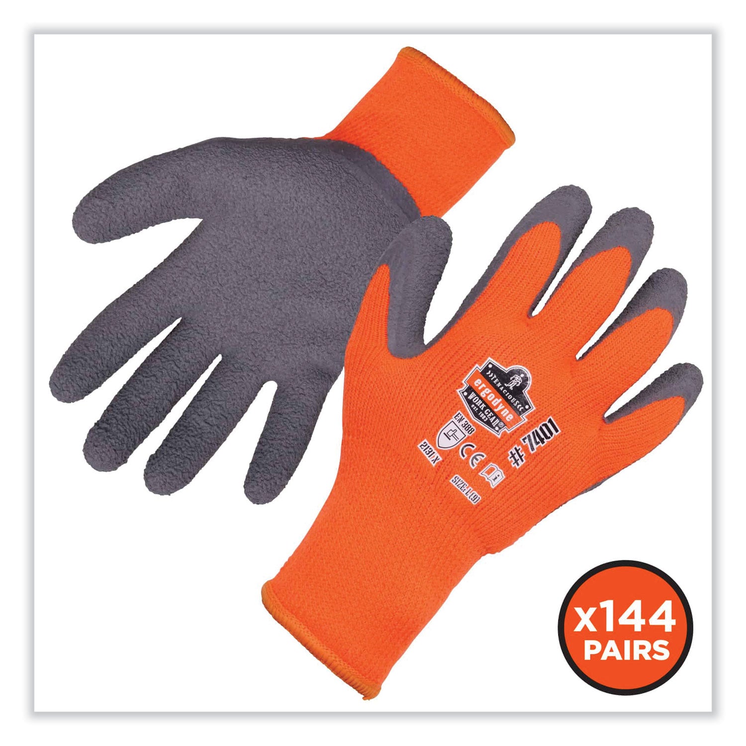 Ergodyne ProFlex 7401 Coated Lightweight Winter Work Gloves, Medium, Orange, Latex Coating, Thermal Protection, Cut Resistant, 1.75" Thick, 10" Length, 2/Pair, 144 Pairs/Carton