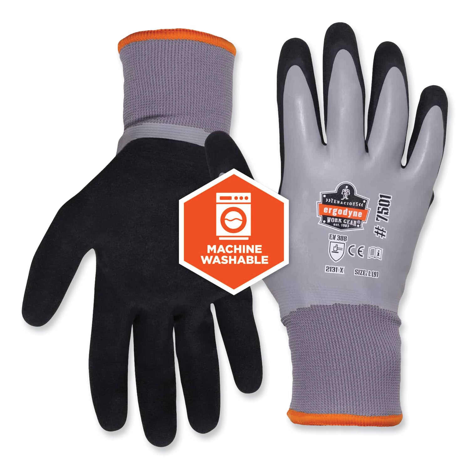 Ergodyne ProFlex 7501 Coated Waterproof Winter Work Gloves, XXL, Gray, Nitrile & Latex Coating, Thermal Protection, Cut & Abrasion Resistant, Superior Grip, Machine Washable, 2/Pair, 144 Pairs/Carton